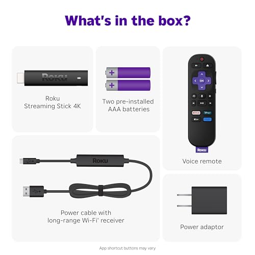 Roku Streaming Stick 4K - HDR & Dolby Vision Roku Streaming Device for TV with Voice Remote & Long-Range Wi-Fi - Free & Live TV
