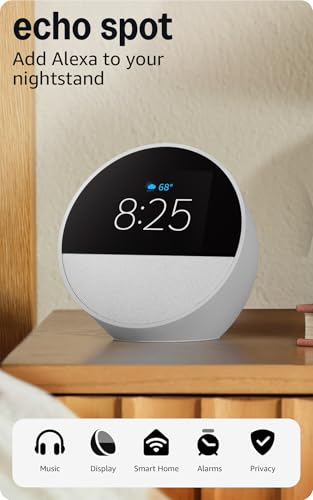 Amazon Echo Spot (newest model), Great for nightstands, offices and kitchens, Smart alarm clock with Alexa, Glacier White