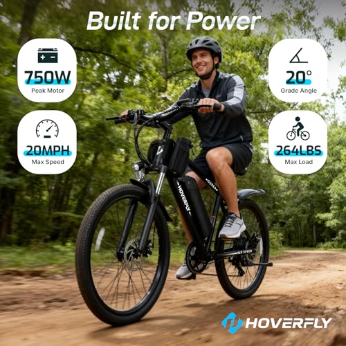 Hoverfly OUREA 26" Electric Bike for Adults, 750W Peak Motor Mountain Ebike, 20MPH Up to 40 Miles, UL2849 Certified, 7-Speed, Removable Battery, Shock Absorber, Fat Tire Commuter E-Bike