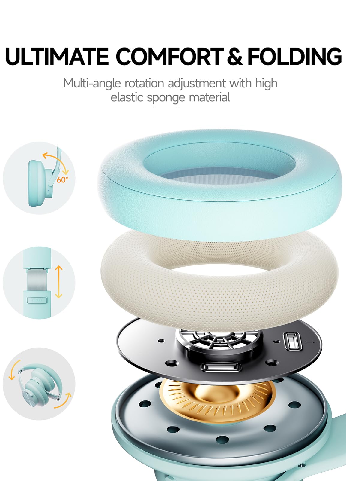 Picun B8 Bluetooth Headphones, 120H Playtime Headphone Wireless Bluetooth with 3 EQ Modes, Low Latency, Hands-Free Calls, Over Ear Headphones for Travel Home Office Cellphone PC Black - Volt-Edge Technologies®