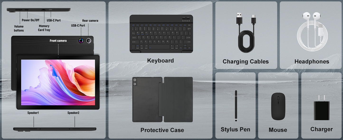 A10L 10 Inch Android Tablet 12GB RAM 64GB ROM IPS HD Touch Screen with Keyboard Case Mouse Stylus 8 in 1 Tablet Kit