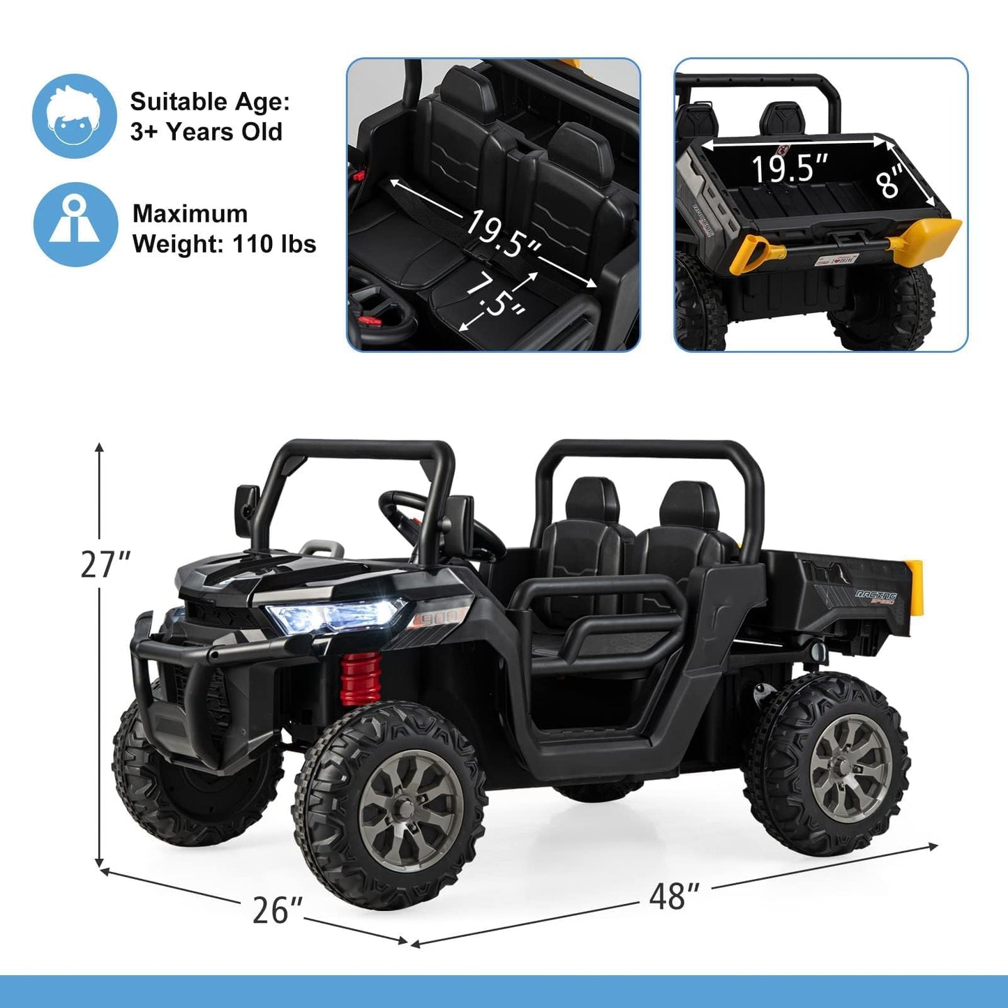 OLAKIDS 2 Seater Ride On Car, 12V Off-Road UTV Electric Vehicle with Remote Control, Dump Bed, Extra Shovel, Music, USB, AUX, Rocking Function, Kids Toddlers Battery Powered Truck (Dark Black)