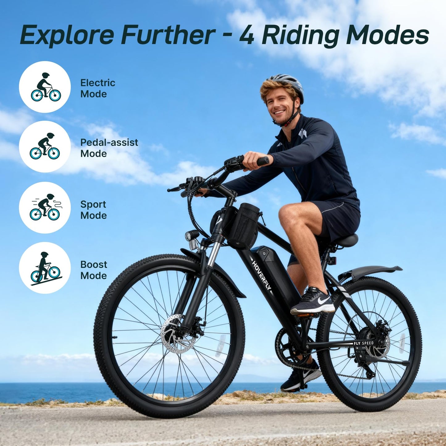 Hoverfly OUREA 26" Electric Bike for Adults, 750W Peak Motor Mountain Ebike, 20MPH Up to 40 Miles, UL2849 Certified, 7-Speed, Removable Battery, Shock Absorber, Fat Tire Commuter E-Bike