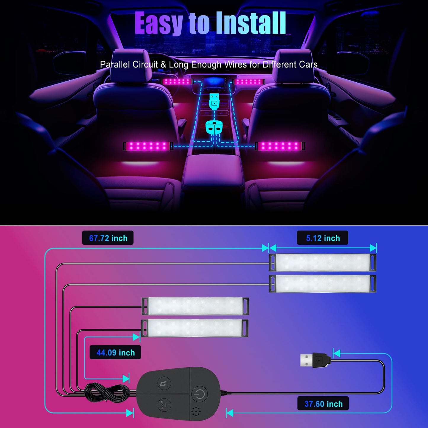 Honalia Car LED Lights Interior, RGB Interior Car Lights with App Control and Music Sync, USB Under Dash LED Lights for Jeeps Trucks SUVs, DC 5V