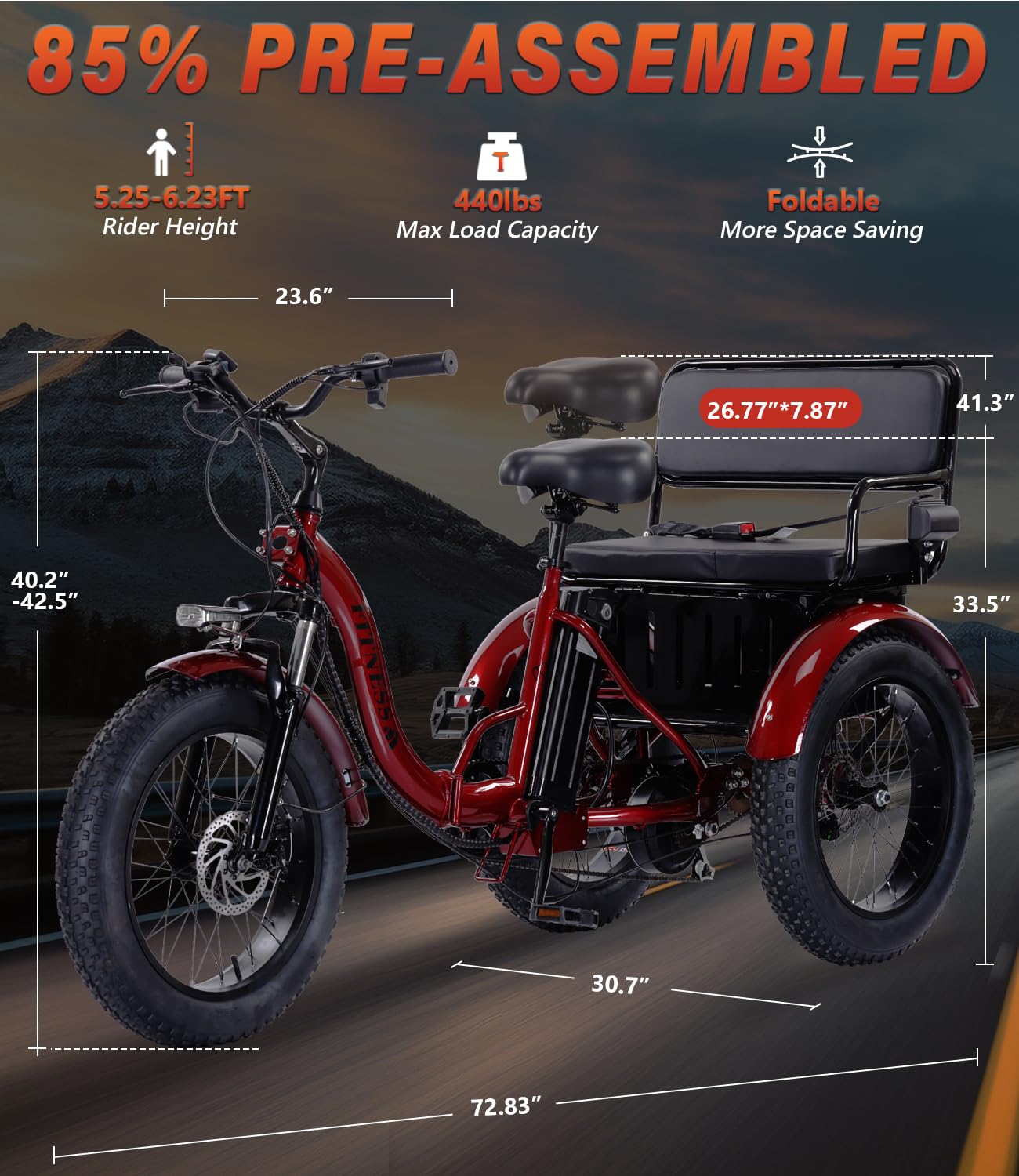 Adult Electric Tricycle 85% Pre-Assembled! Two-Person Electric Tricycle Senior Mobility Scooter Features Dual Storage Baskets & Rear Seat 500W Motor 48V 20Ah Battery๏ผred๏ผ