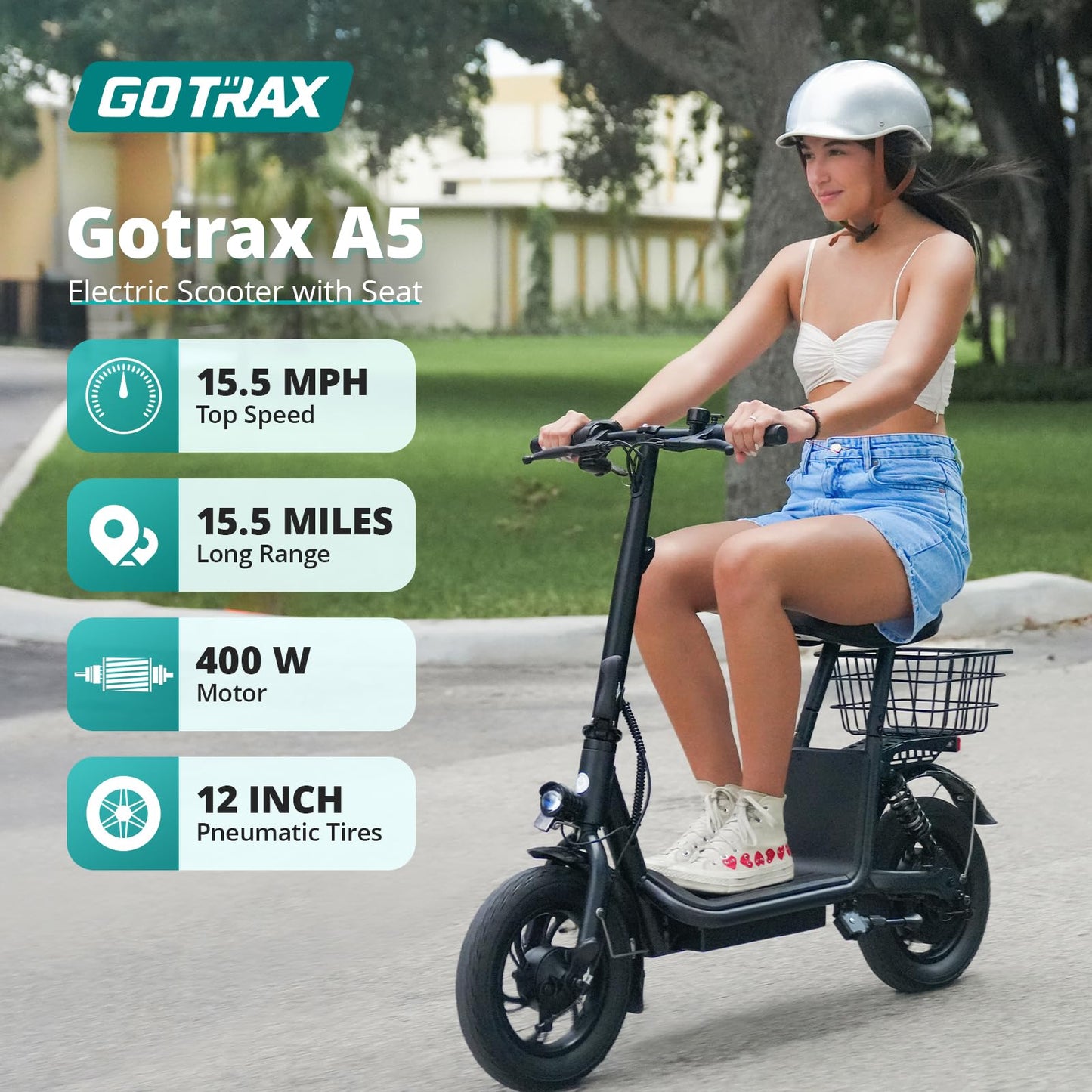 Gotrax A5 Electric Scooter w/Seat for Adults, 12" Pneumatic Tire, Max 15.5 Miles&15.5 Mph Power by 400W Motor, Dual Rear Shock Absorber&Dual Brake, Comfortable Wider Seat&Carry Basket&Hook, White