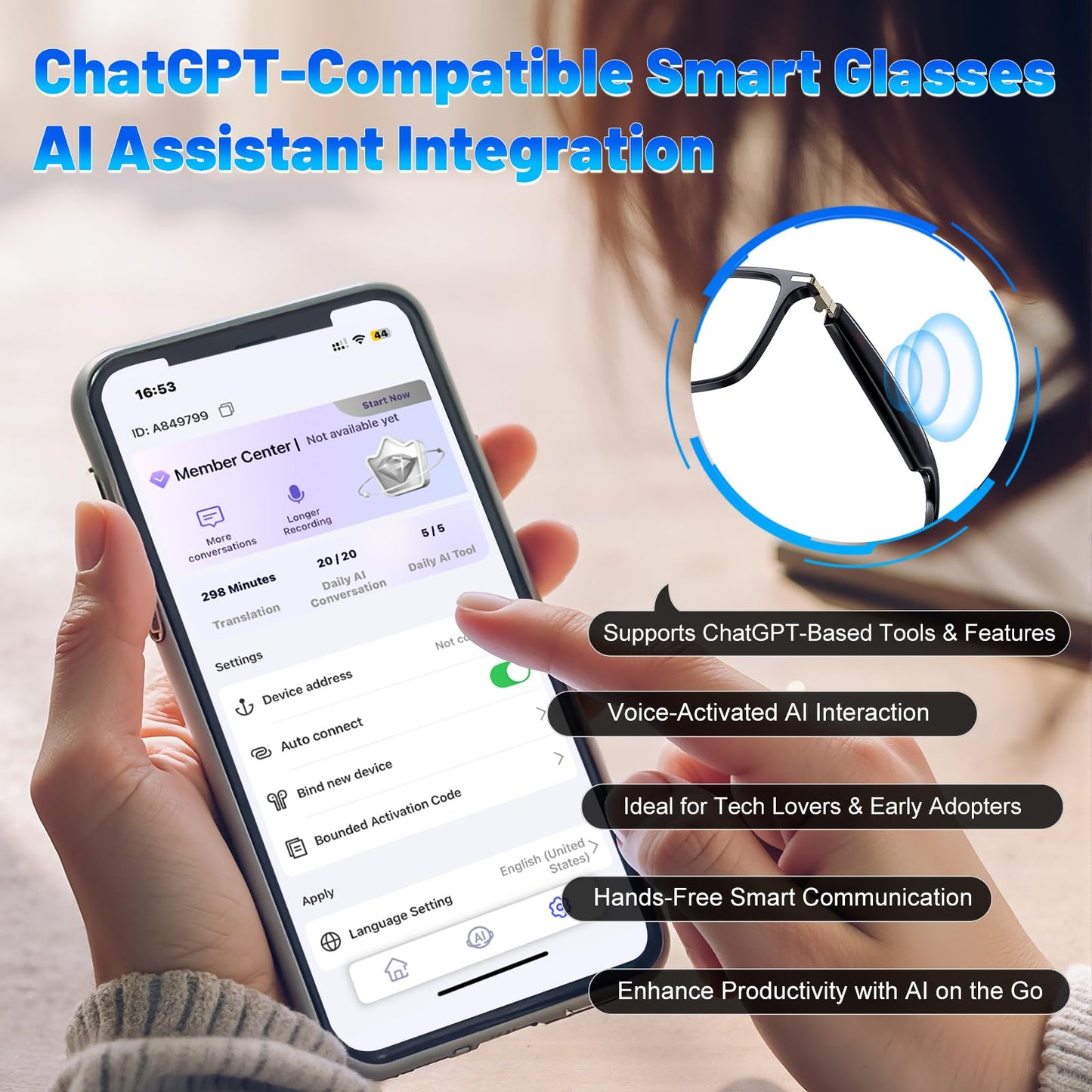 AI Translation Smart Glasses with 138 Languages, Bluetooth Glasses Compatible with ChatGPT, Photochromic Lens with Open-Ear Speakers for Men Women, for Travel, Business, Driving