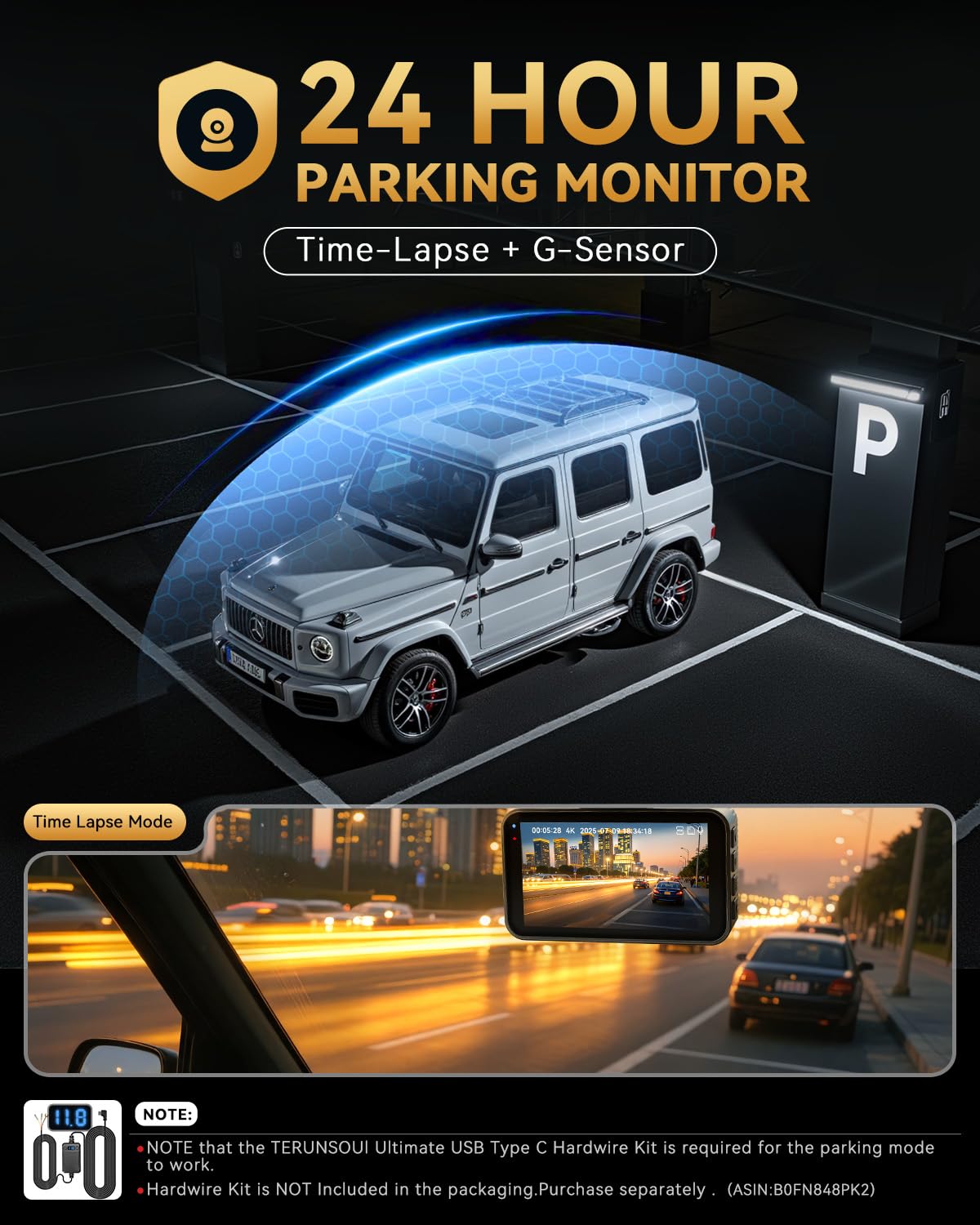 TERUNSOUl 4K+4K Dash Cam Front and Rear, Free 128GB Card Included, 5.8GHz WiFi Dash Camera for Cars, Built-in GPS, G-Sensor, 170°Wide Angle, 3" IPS Screen, 24H Parking Mode, Support 512GB Max