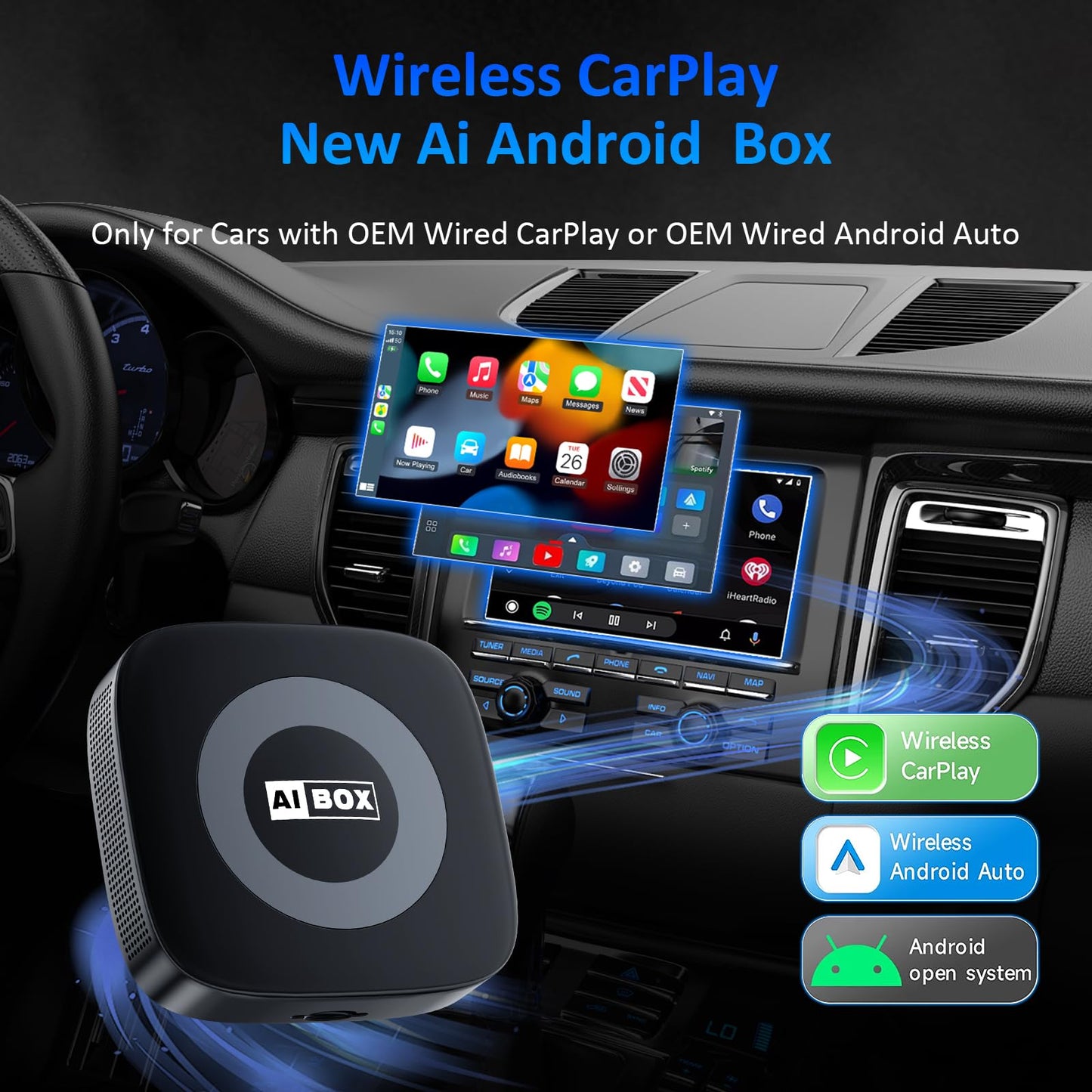 WhyBox Wireless Carplay Adapter with Netflix/YouTube Ai Box for iPhone & Android Auto Supports TF Card Plug & Play Car Play Video Entertainment Box Fits for OEM Wired CarPlay Cars