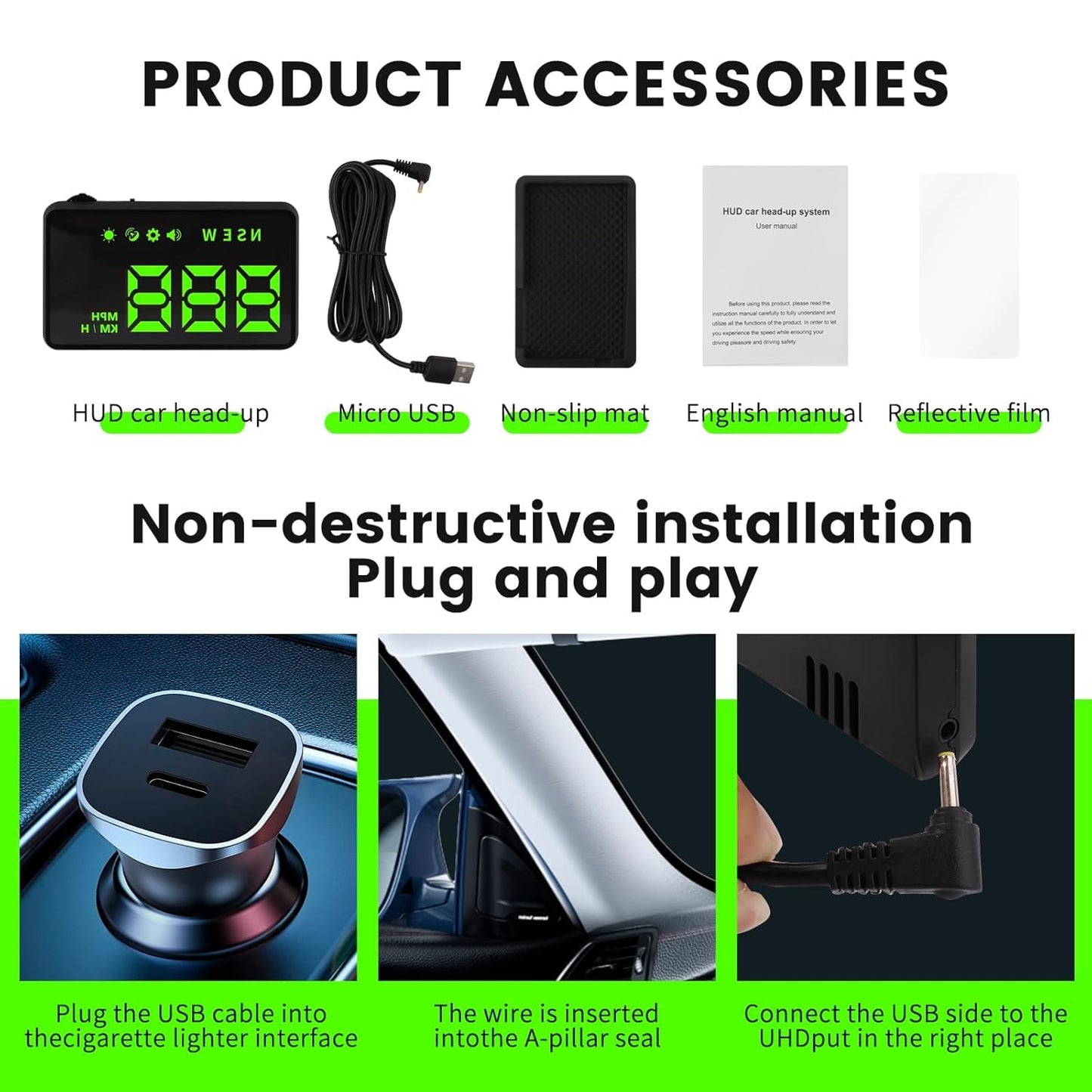 KUOWEIHUD Heads up Display for Cars,Car HUD,Head up Display for Car,Car Speedometer Display,Automatic Brightness Adjustment,Speeding Alert,USB Cable Plug & Play