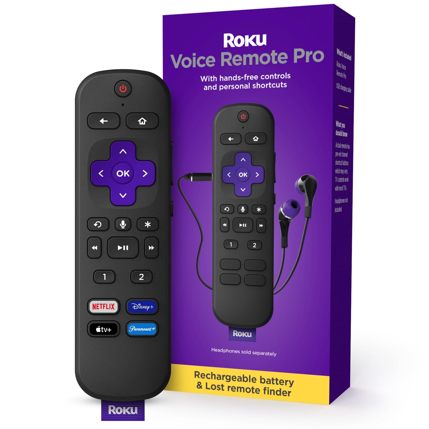 Roku Voice Remote Pro | Rechargeable with Hands-free Voice Controls, Headphone Mode & Lost Device Locator - Compatible with RokuTV, Players & Audio Devices