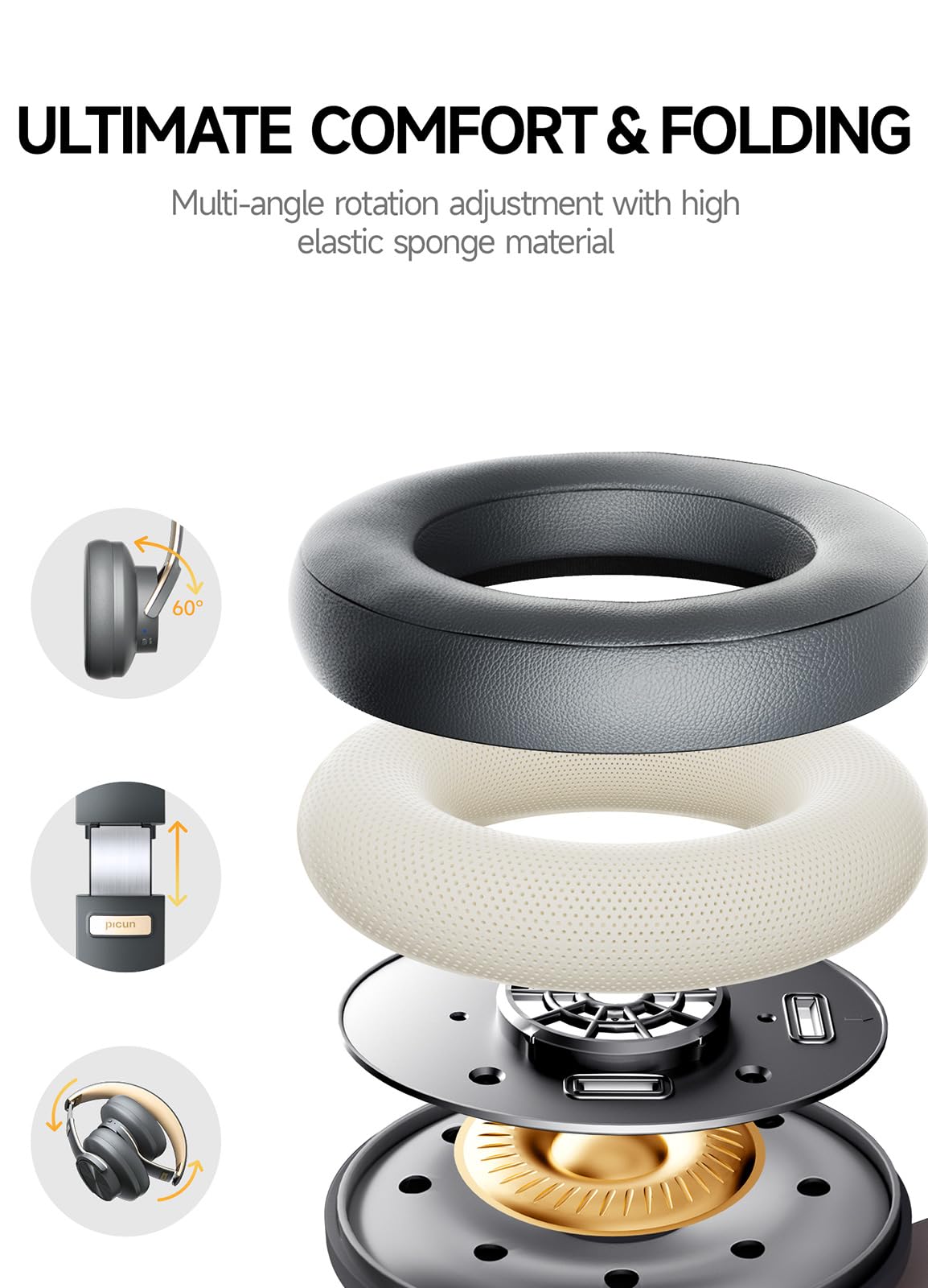 Picun B8 Bluetooth Headphones, 120H Playtime Headphone Wireless Bluetooth with 3 EQ Modes, Low Latency, Hands-Free Calls, Over Ear Headphones for Travel Home Office Cellphone PC Black - Volt-Edge Technologies®