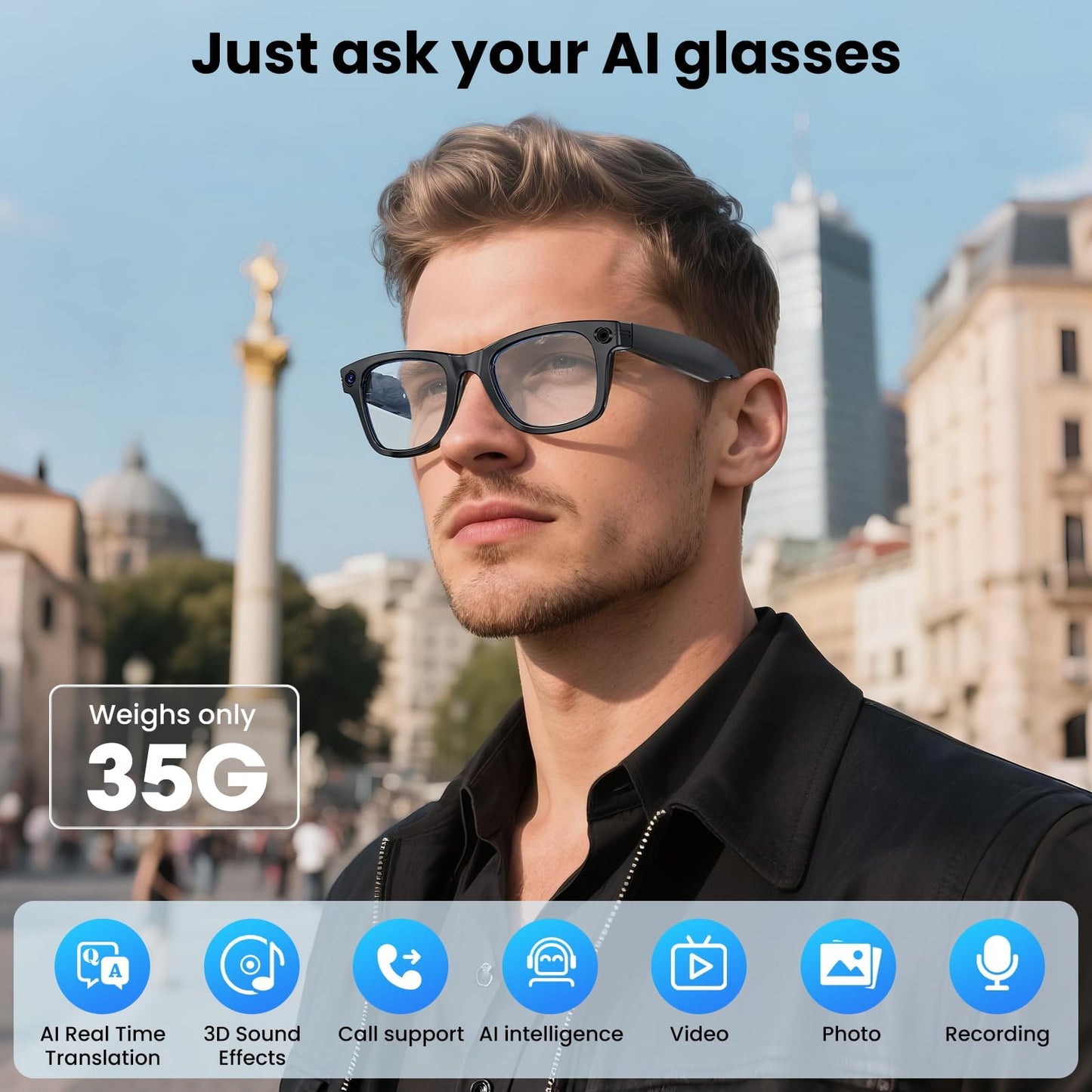 Mingtawn AI Smart Glasses 4K HD Camera, BT Call, 800W Anti-Shake Camera Glasses with Video Recording Dual Mic, Simultaneous Interpretation/GPT Identify Objects, 270mAh Blue Light Glasses(Blue)