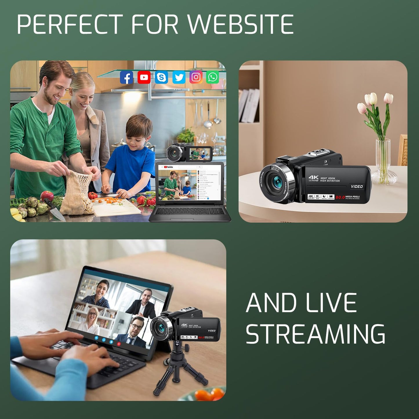 Suttie 4K Video Camera Camcorder Ultra HD 80MP Vlogging Camera for YouTube 18X Digital Zoom 3.0" IPS 270° Screen IR Night Vision Camcorder Recorder with 32GB SD Card, Lens Cap and 2 Batteries