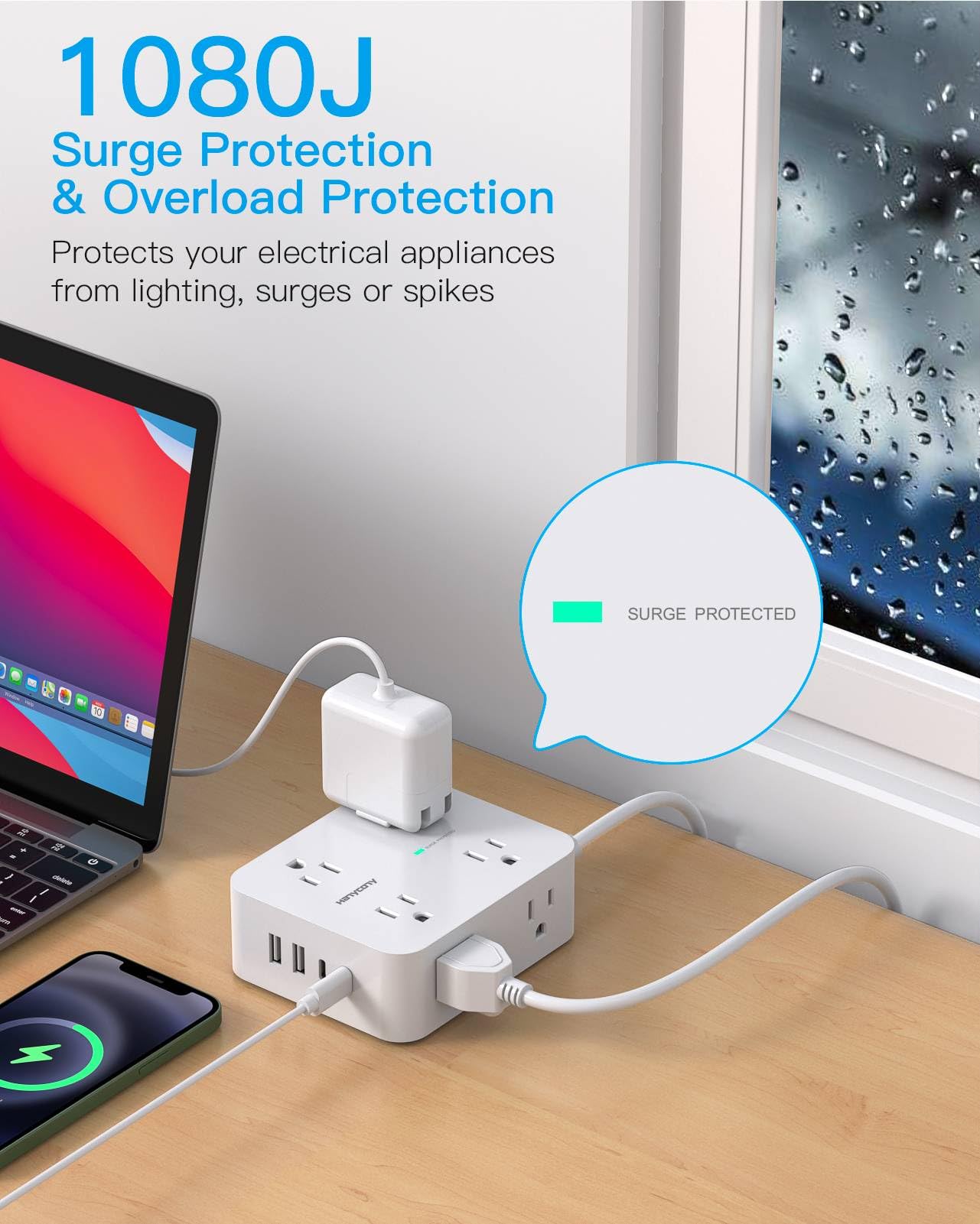 Power Strips with Surge Protection - HANYCONY 8 Widely Outlets with 4 USB Ports (2 USB C), 3-Side Outlet Extender Strip, 5 Ft Extension Cord, Ideal for Home Office College Dorm Room Essentials