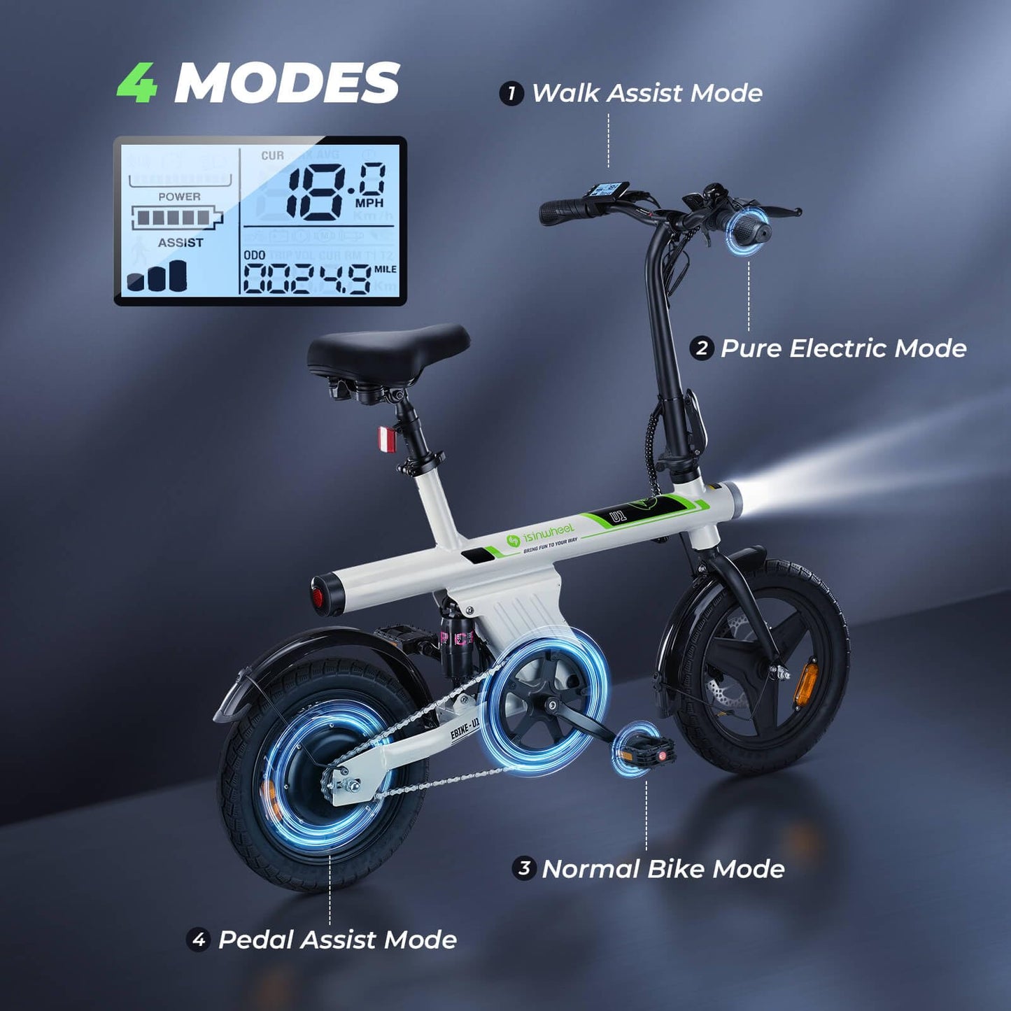 isinwheel U1 Electric Bike for Adults 750W Peak Motor, 20 mph Folding Ebike, 14" Adults Electric Bicycles with Smart Uphill, 280.8Wh Battery, 25 Miles PAS Range, Mini E Bikes for Adult and Teens
