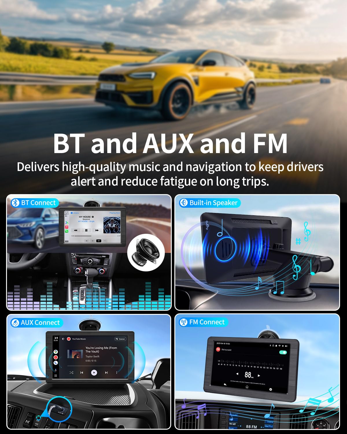 Portable Apple Carplay Screen for Car, 7" HD Car Stereo Touchscreen with Wireless CarPlay & Android Auto, Mirror Link, Bluetooth, Voice Control, Memory Card Playback, AUX - Fits All Vehicles