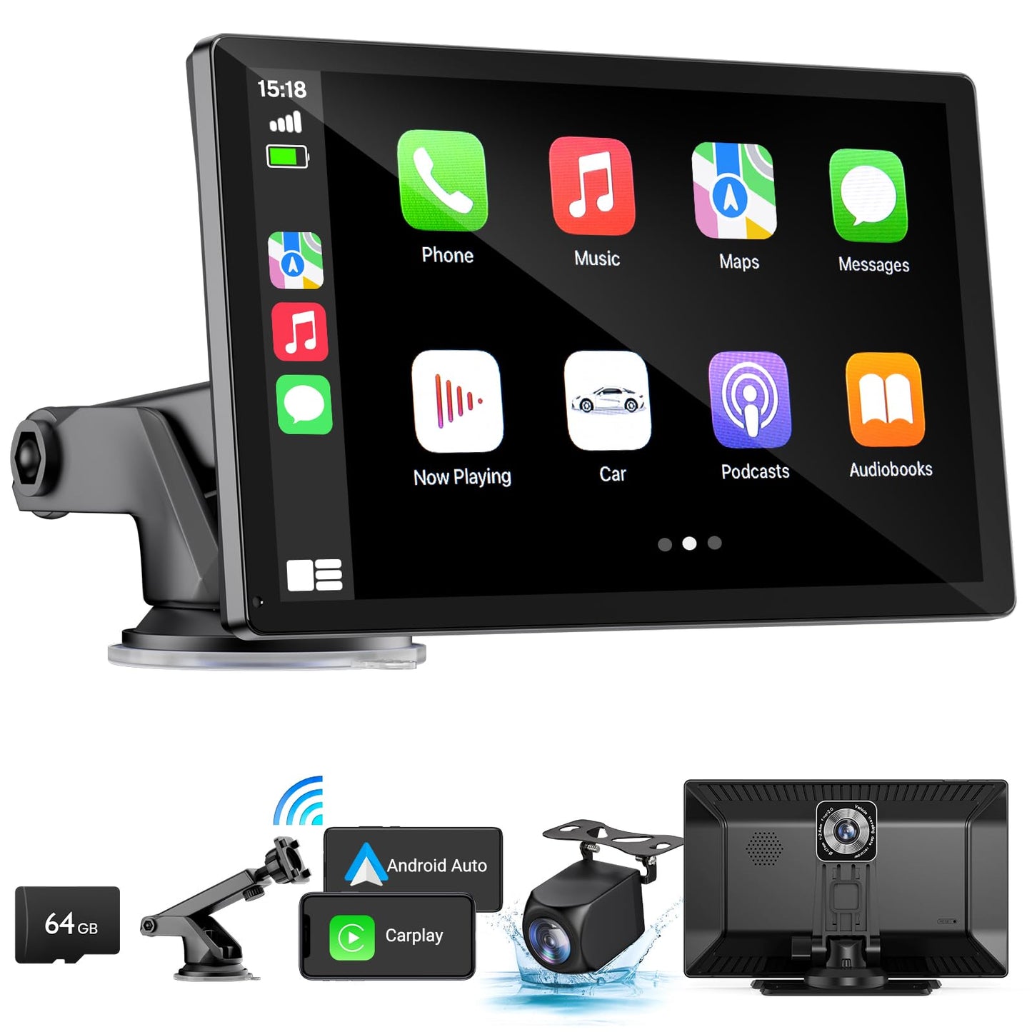 HAUXIY Wireless Apple Carplay Screen for Car 4K Dash Cam, 9" Portable Apple Carplay & Android Auto Car Stereo, with 1080p Backup Camera, GPS Navigation/Mirror Link/Voice Control/Bluetooth