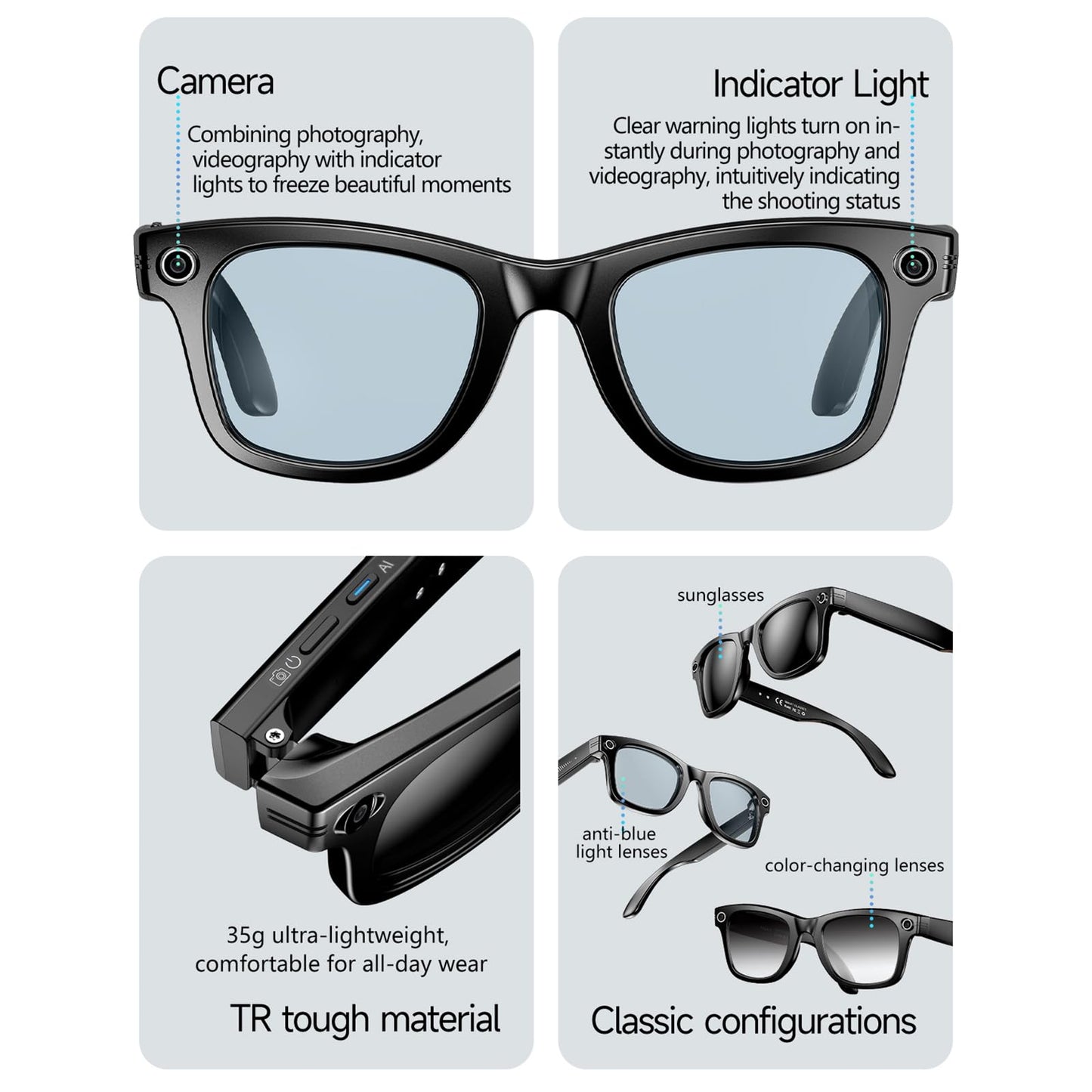 Mingtawn AI Smart Glasses 4K HD Camera, BT Call, 800W Anti-Shake Camera Glasses with Video Recording Dual Mic, Simultaneous Interpretation/GPT Identify Objects, 270mAh Blue Light Glasses(Blue)