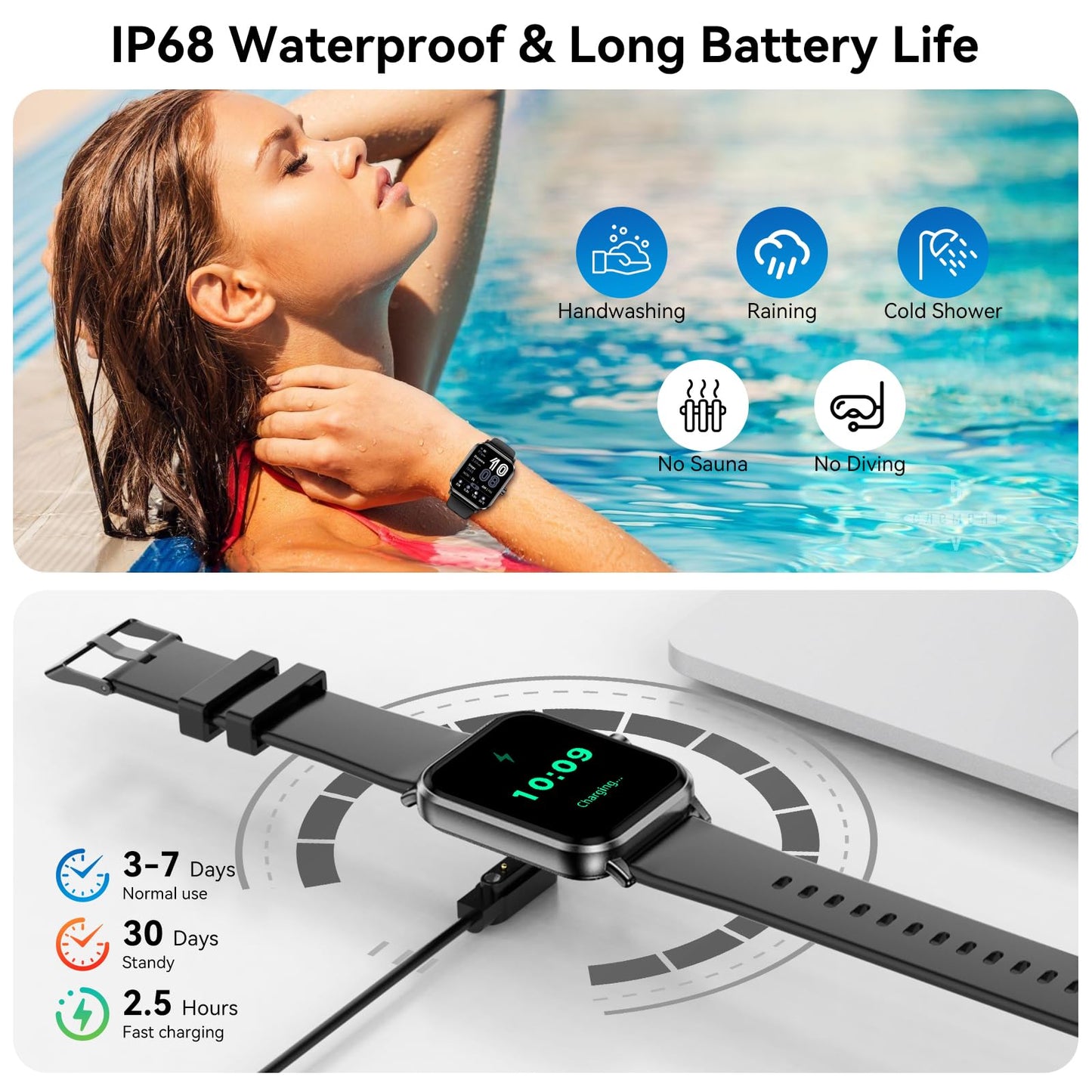 Jacoosa Smart Watch for Men Women, 1.83" HD Touchsreen, Bluetooth Calling, 5 ATM Water-Resistance, 130+ Sports Modes, Health, Fitness & Sleep Tracker, Timer, Fitness Watch for Android/iOS, Black