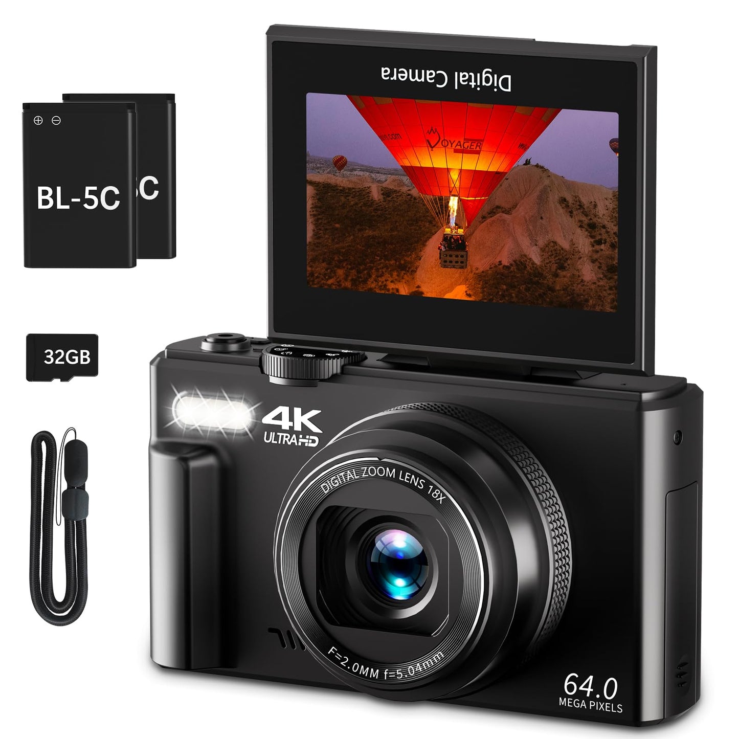 4K Digital Camera for Photography, 64MP Vlogging Camera for YouTube with 3" 180° Flip Screen, 18X Digital Zoom Point and Shoot Camara with 32GB Micro SD Card for Beginner (Black) - Volt-Edge Technologies®
