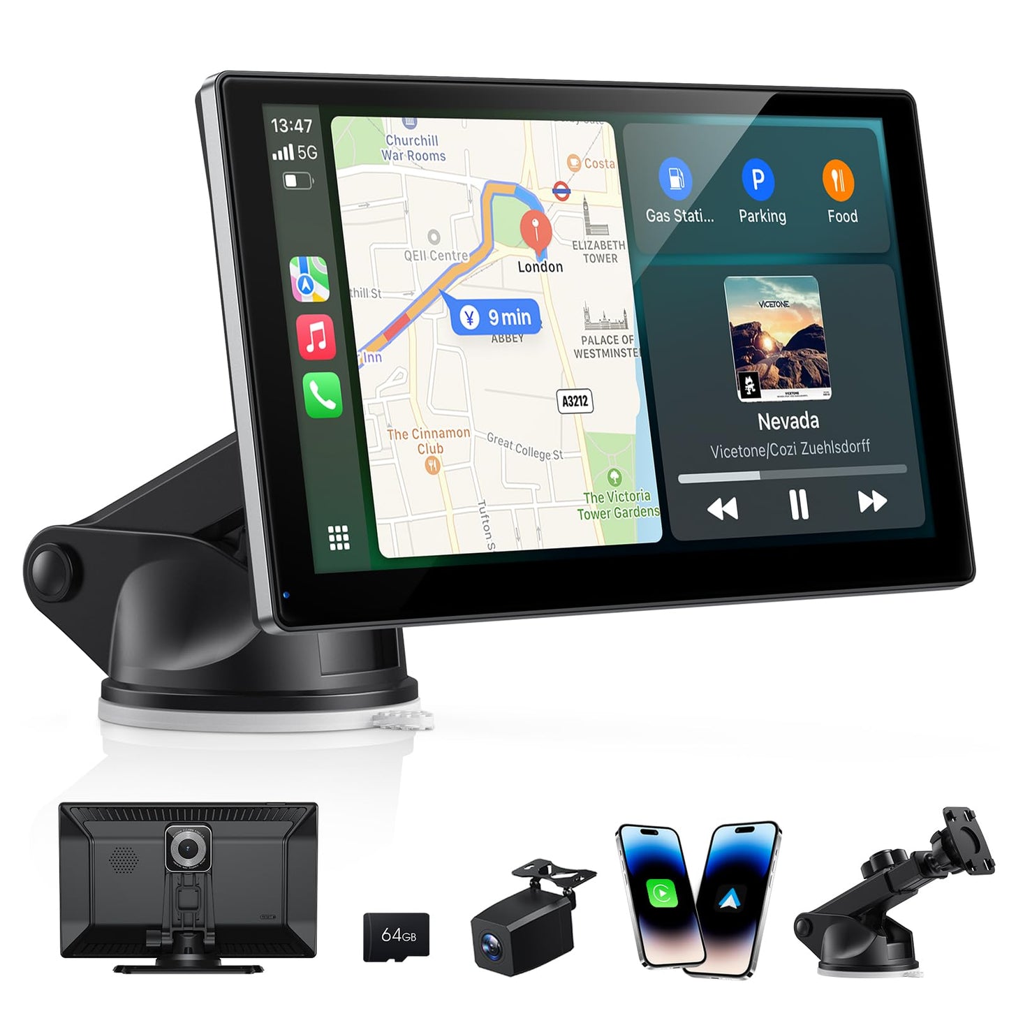 Gikktdr Wireless Carplay Screen for Car & Android Auto, 4K Dash Cam + 1080P Backup Camera, Portable Touchscreen, GPS Navigation, Bluetooth for All Cars (9inch)