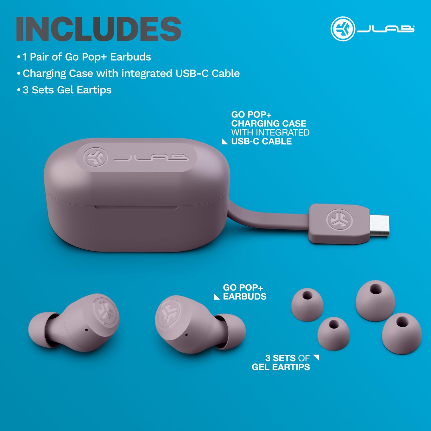 JLab Go Air Pop+ True Wireless Earbuds, in Ear Headphones, Bluetooth Earphones, 35H Playtime Ear Buds, Bluetooth Earbuds with Microphone, USB-C Charging Case, Dual Connect, EQ3 Sound, Mauve