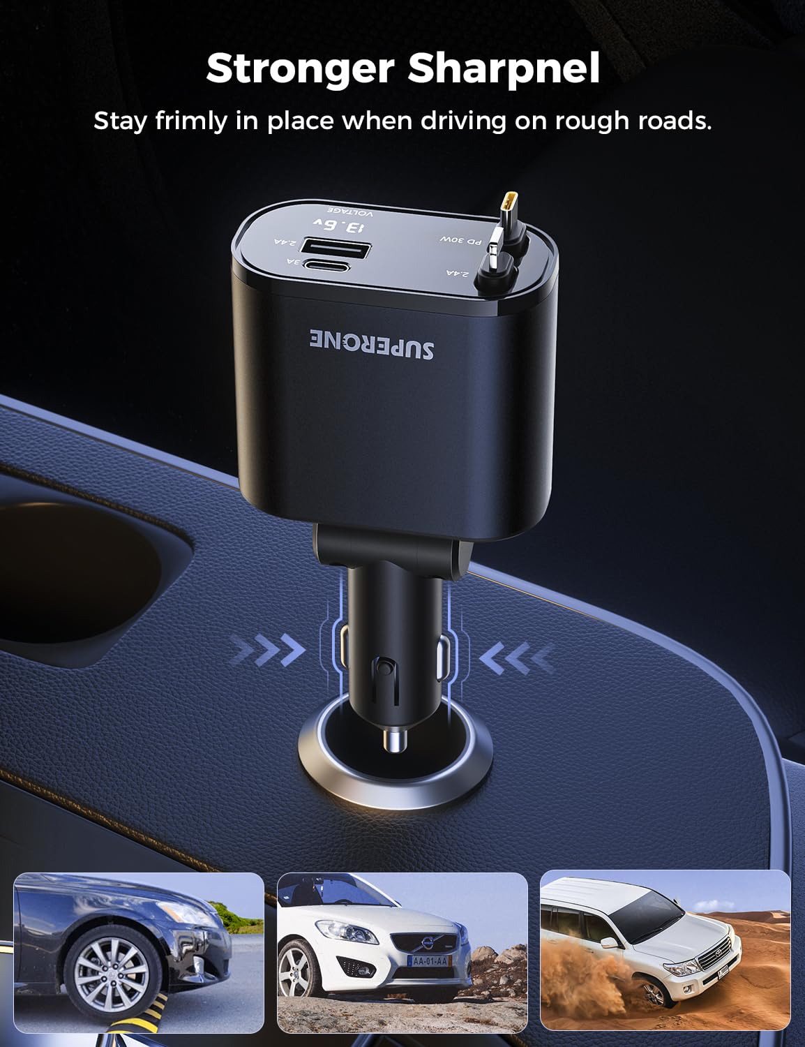 【Upgraded】 SUPERONE Retractable Car Charger 4 in 1, Fast Car Phone Charger with Cord 2.6ft, USB C and Apple Car Adapter, Compatible with iPhone 17 16 15/15 Pro Max/14/13/12/11, Galaxy, Pixel