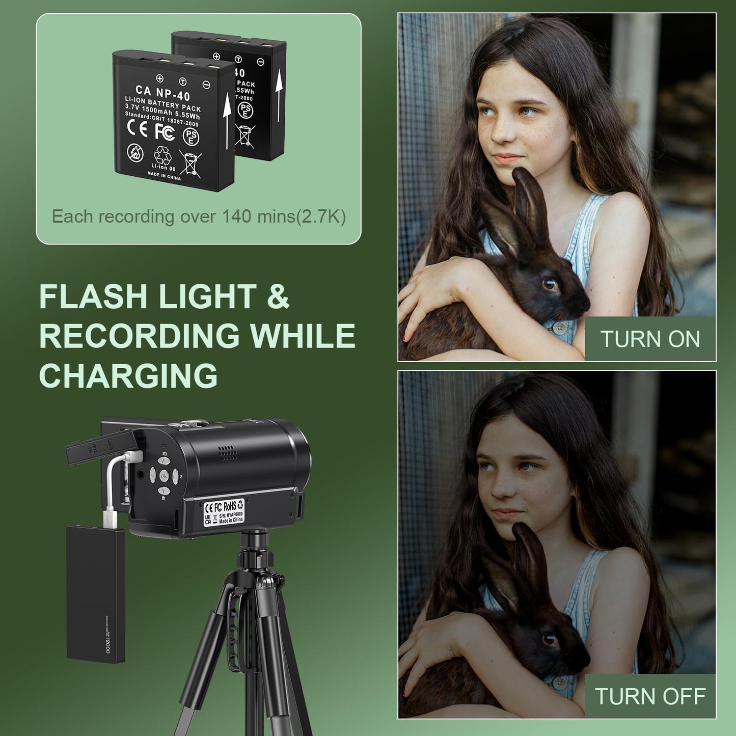 Tixeuo 2.7K Video Camera Camcorder QHD 50MP YouTube Vlogging Camera 16X Digital Zoom Webcam 270 Degree Rotation Screen Camcorders with 32G SD Card and 2 Batteries Recording While Charging