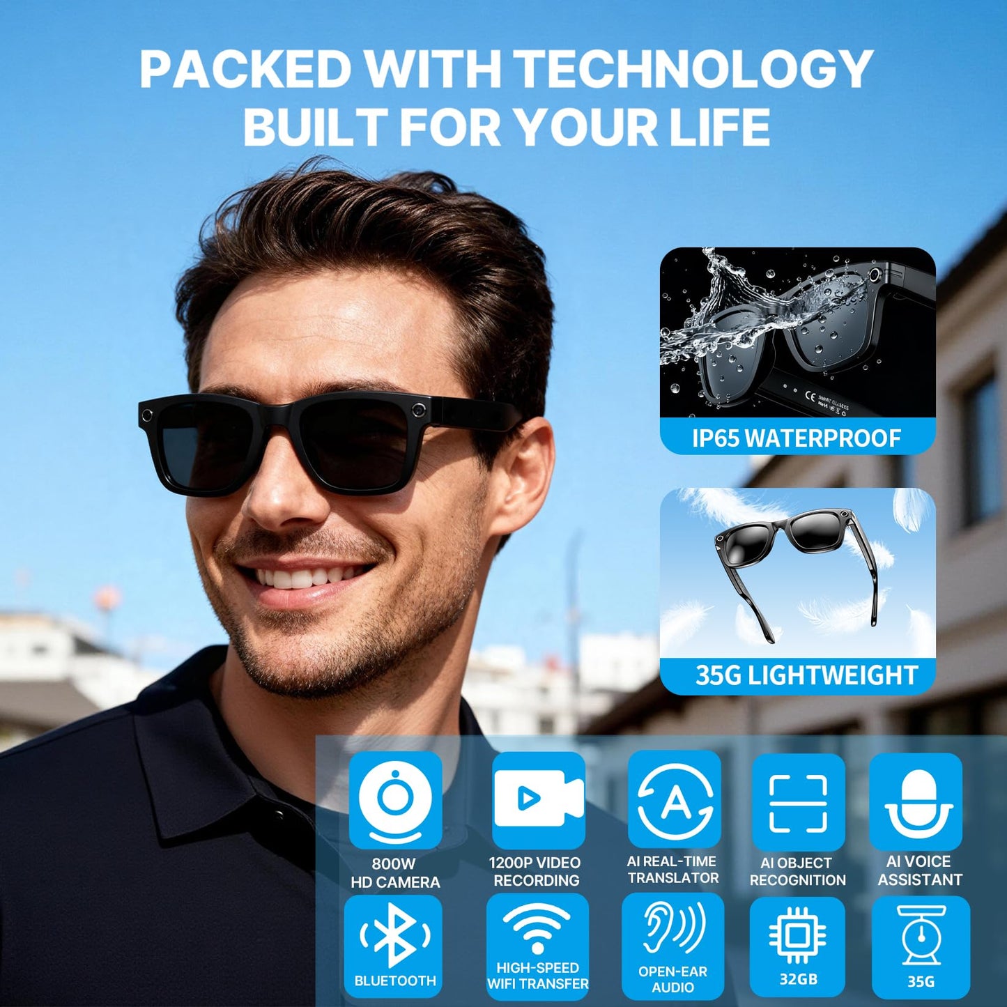 AI Smart Glasses with Camera, 800W HD 1200P Video Recording with Anti-Shake, Real-Time Translation, Object Recognition, Open-Ear Audio for Music & Clear Calls, Bluetooth WiFi App, IP65 Waterproof 32GB