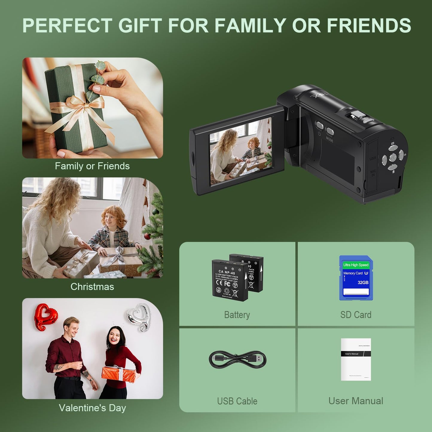 Tixeuo 2.7K Video Camera Camcorder QHD 50MP YouTube Vlogging Camera 16X Digital Zoom Webcam 270 Degree Rotation Screen Camcorders with 32G SD Card and 2 Batteries Recording While Charging