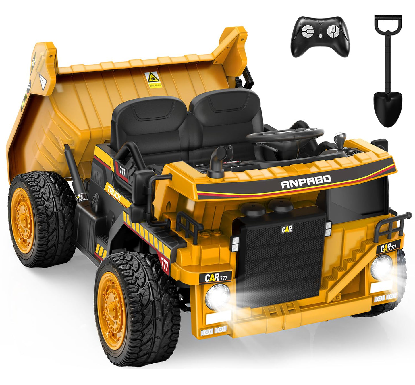 ANPABO 24V Ride On Dump Truck, 2X75W Powerful Motors, Up to 4.4Mph, EVA Tires, Construction Vehicle w/Electric Dump Bed and Extra Shovel, 19" Spacious Seat, Kids Car w/Parent Remote -Yellow