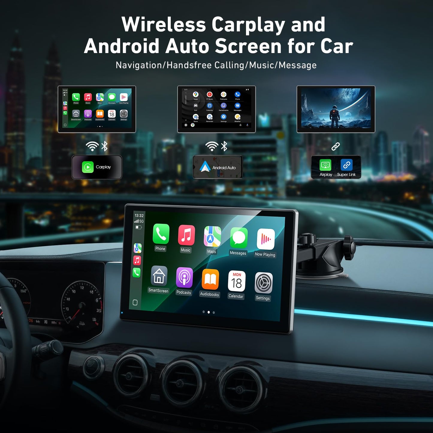 Gikktdr Wireless Carplay Screen for Car & Android Auto, 4K Dash Cam + 1080P Backup Camera, Portable Touchscreen, GPS Navigation, Bluetooth for All Cars (9inch)