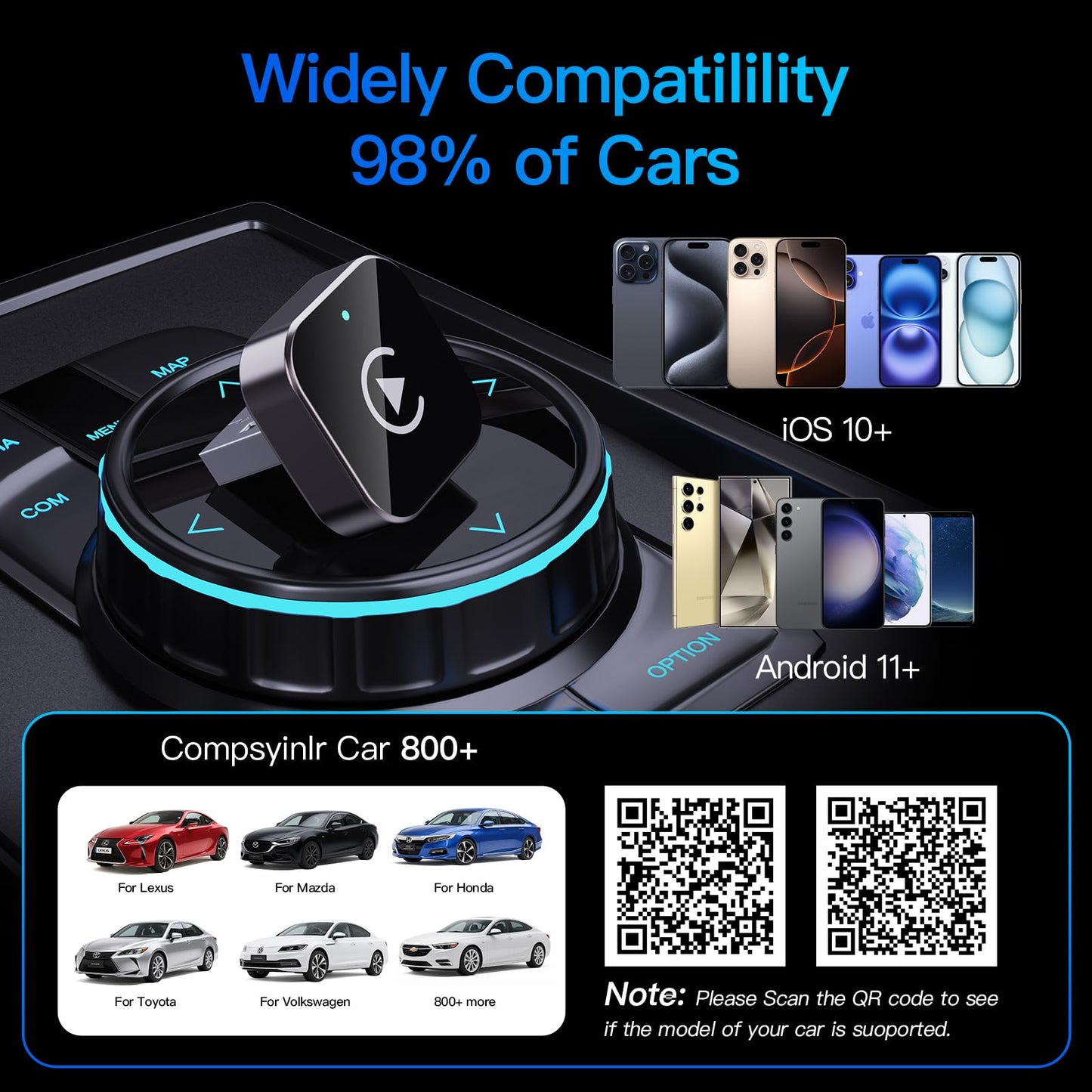 (2026 Upgraded) Wireless CarPlay Adapter for Apple iPhone&Android, Small Size,Plug and Play,Fast and Stable Connection Wireless Adapter for CarPlay&Android-No Latency to Screen