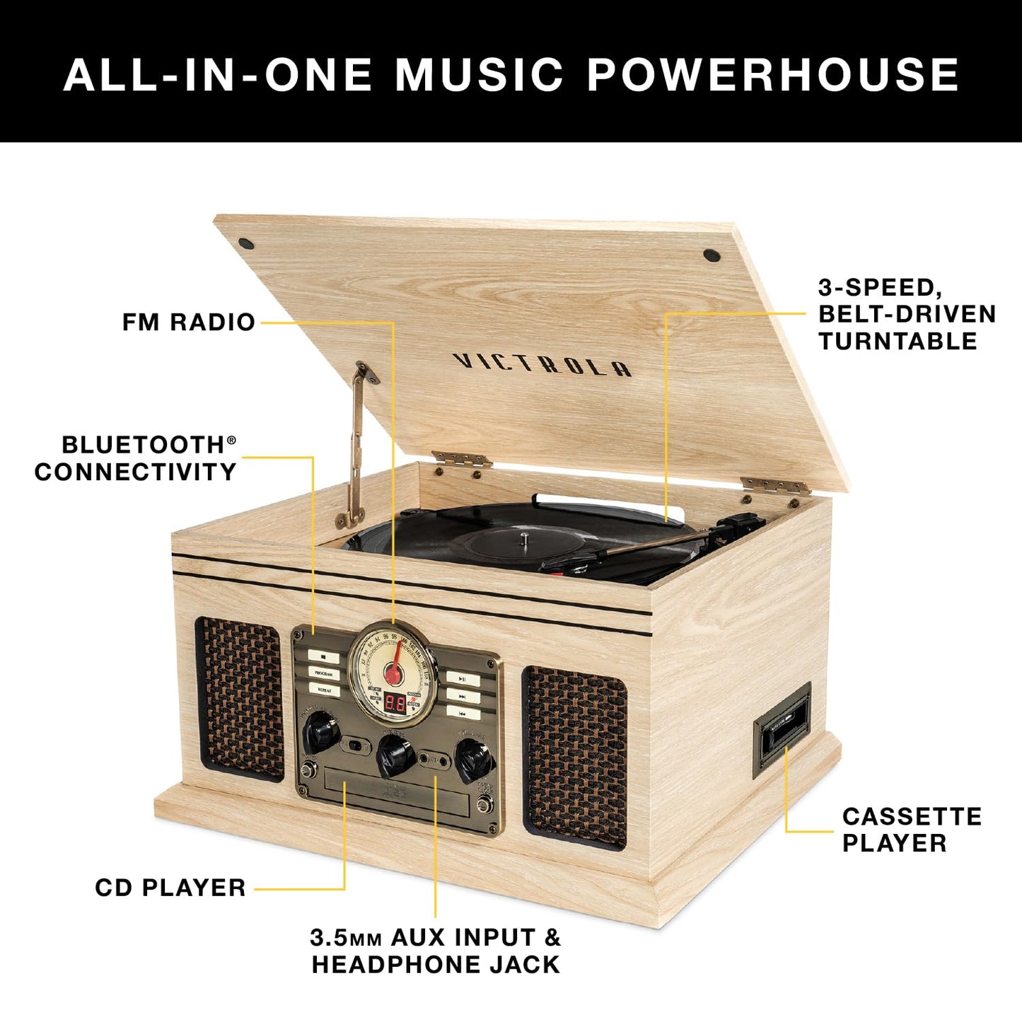 Victrola The Quincy 6-in-1 Bluetooth Record Player & Multimedia Center with Built-in Speakers – 3-Speed Turntable, CD & Cassette Player, AM/FM Radio, Wireless Music Streaming (Mahogony)