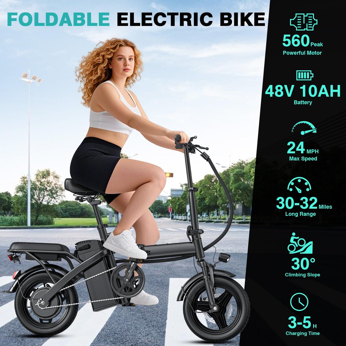 Electric Bike for Adults and Teens, 560W Motor 24MPH Compact Commuter Folding Ebike, 32 Miles Range, 48V 10Ah Battery, 3-Level Pedal Assist, 14" Foldable Mini Electric Bicycle, UL 2849 Certified