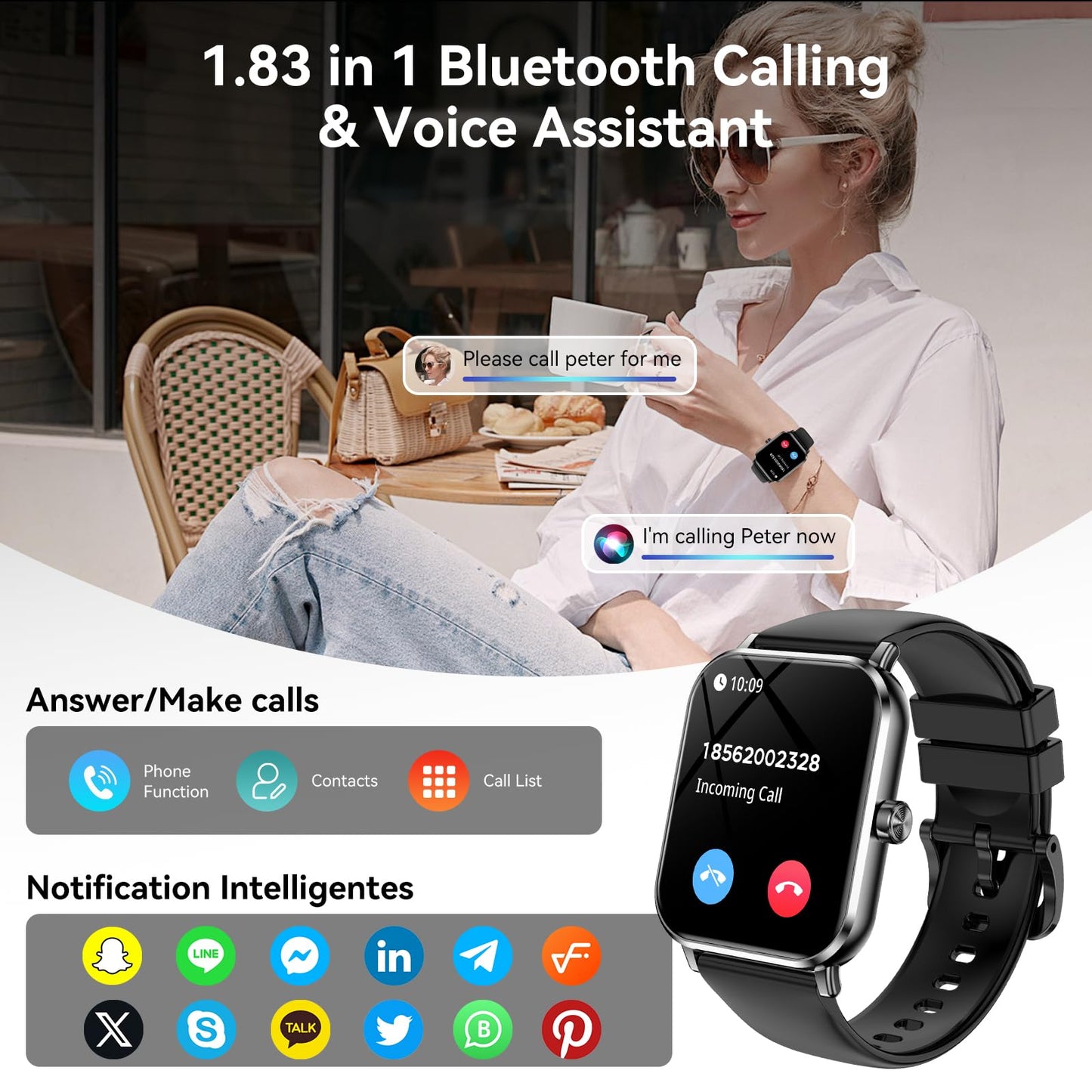 Jacoosa Smart Watch for Men Women, 1.83" HD Touchsreen, Bluetooth Calling, 5 ATM Water-Resistance, 130+ Sports Modes, Health, Fitness & Sleep Tracker, Timer, Fitness Watch for Android/iOS, Black