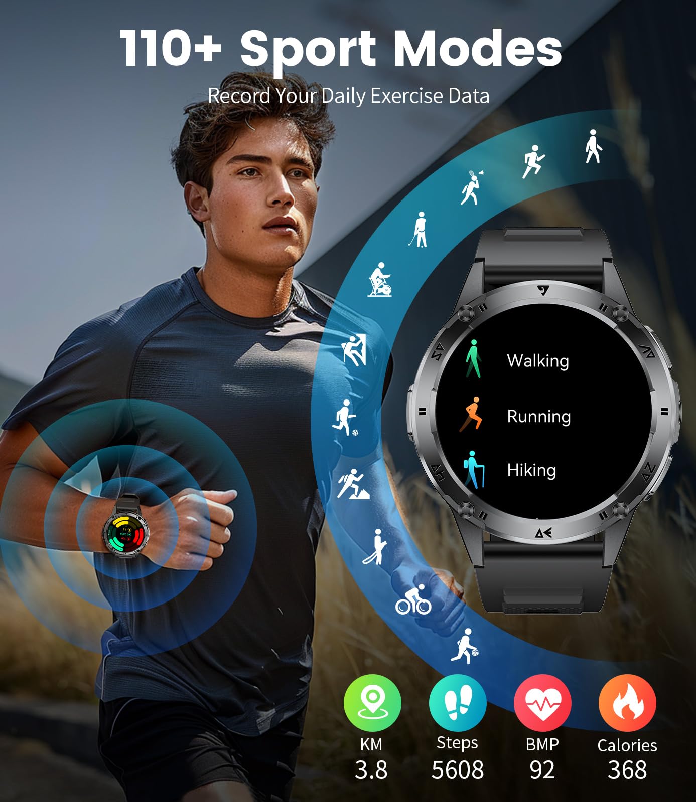 SUNKTA Military Smart Watches for Men,530mAh Large Battery,1.43" AMOLED Heart Rate/Sleep Monitor 5ATM Waterproof Smartwatch for Android iOS (Answer/Make Calls),Fitness Tracker with LED Flashlight