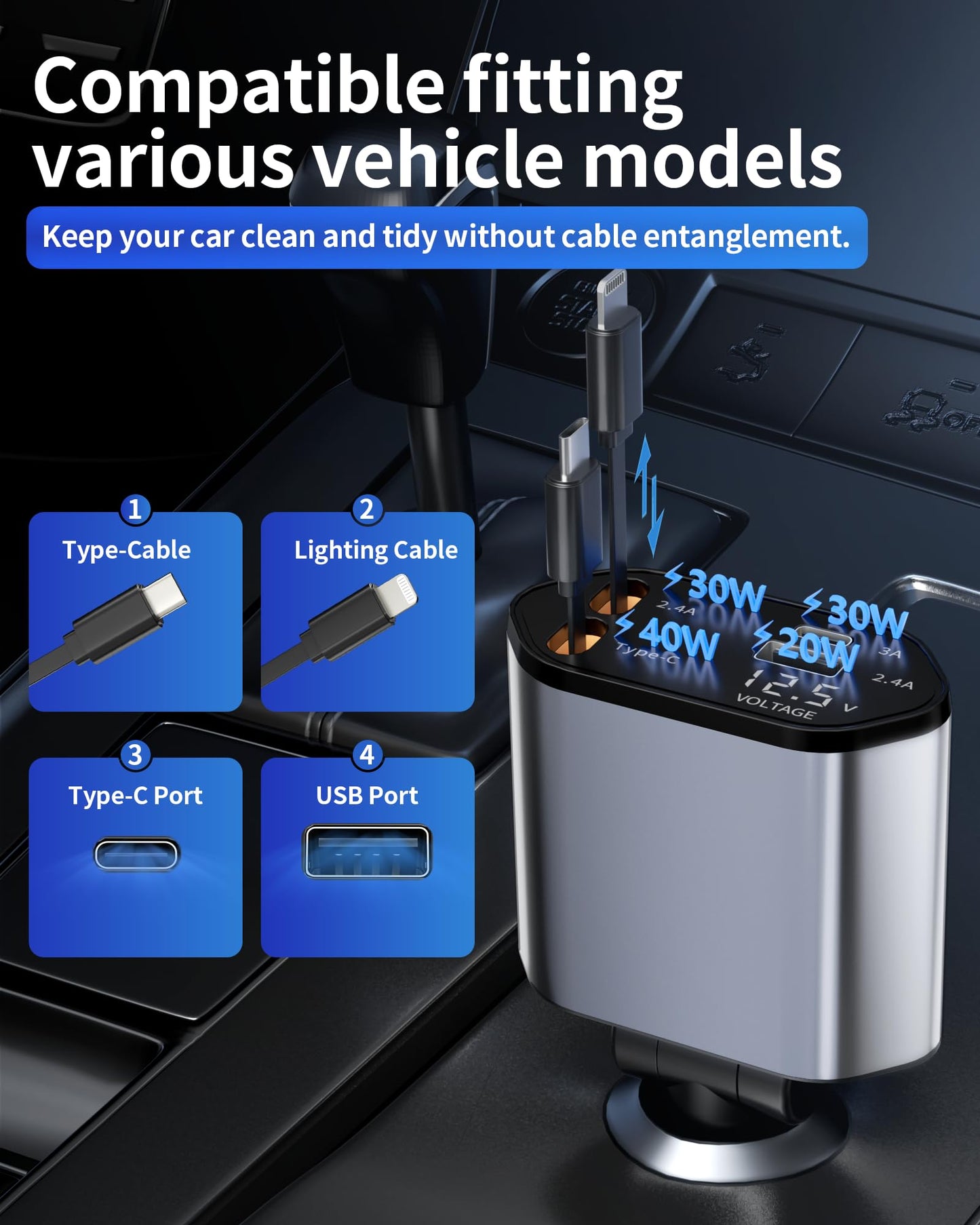 Retractable Car Charger, 4 in 1 Fast Charging Car Charger USB-C & USB-A Compatible with iPhone 16/15/14/13/12/11,Galaxy,Pixel