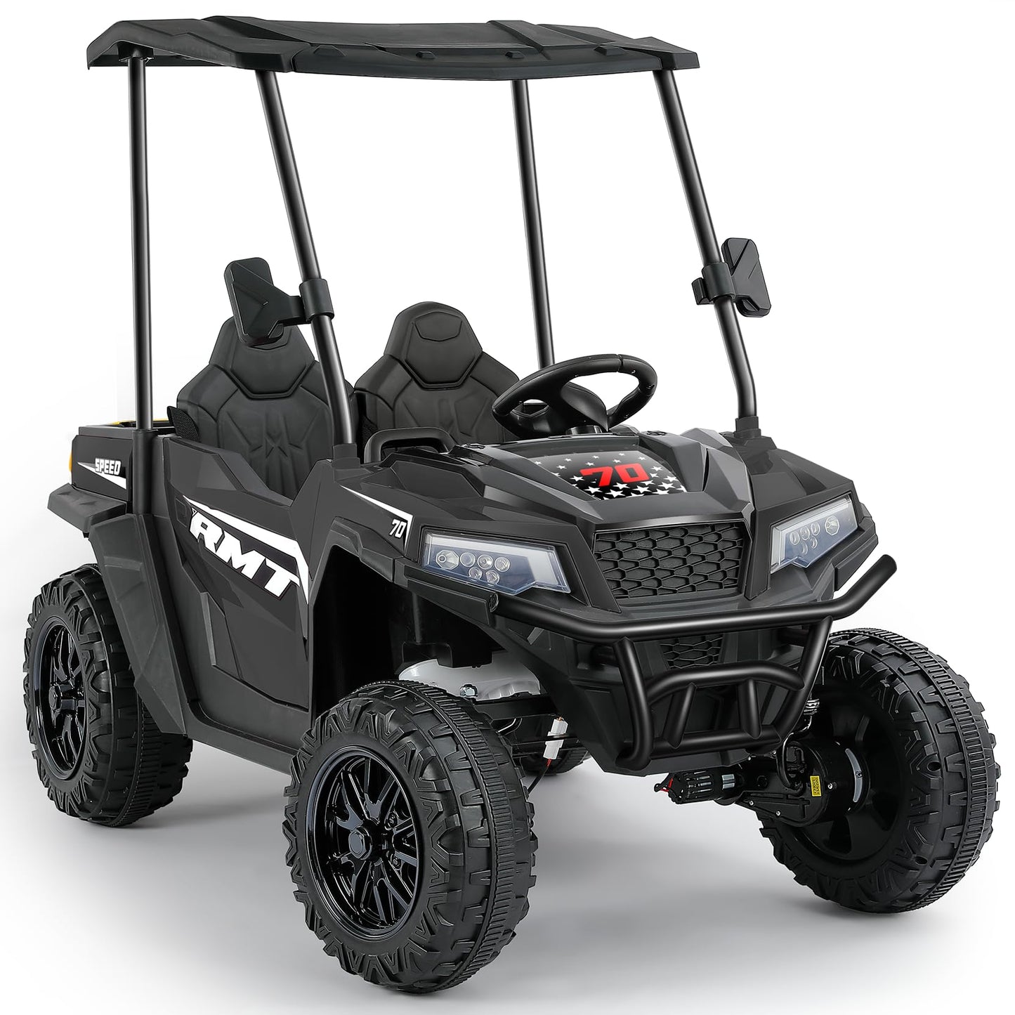 ELEMARA 24V Side by Side Electric Off-Road Truck, 4.5MPH, 2 Seater Ride on Toy for Big Kids w/Sun Shade, Electric Vehicles for Kids, 2 Shock Absorbers, 3 Speeds, LED Lights,Bluetooth Music, Black