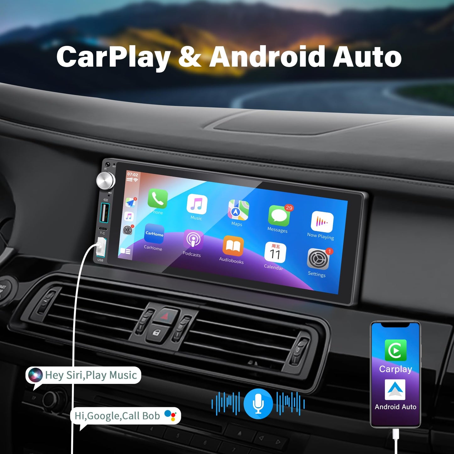 LSLYA Single Din Car Stereo with Apple Carplay Android Auto,6.9 Inch IPS Touch Screen, Car Radio Stereo with Backup Camera Support Mirror Link Bluetooth Handsfree FM AM USB EQ SWC