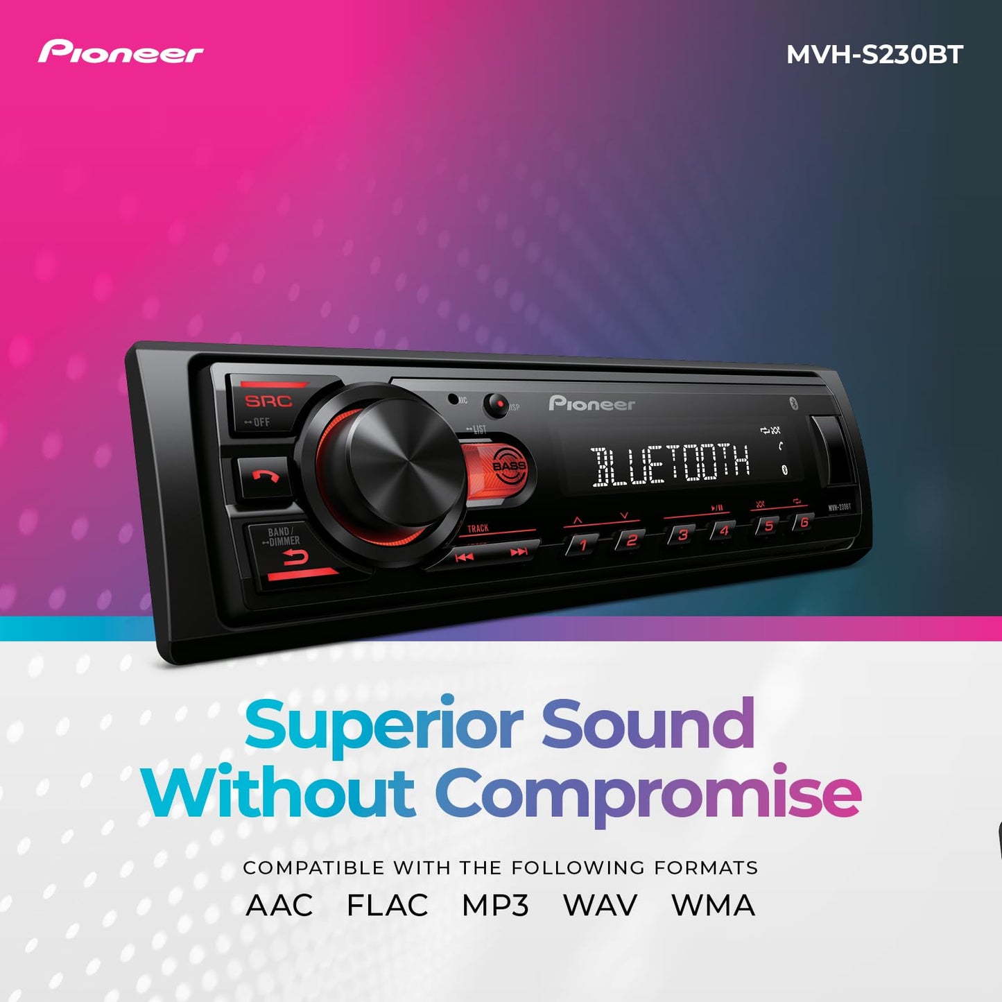 Pioneer MVH-S230BT 1-Din Digital Media Receiver – Bluetooth, USB, 50W x 4 Output, AM/FM Radio, iPhone/Android Compatible, Front/SW (Mono) Selectable RCA Output