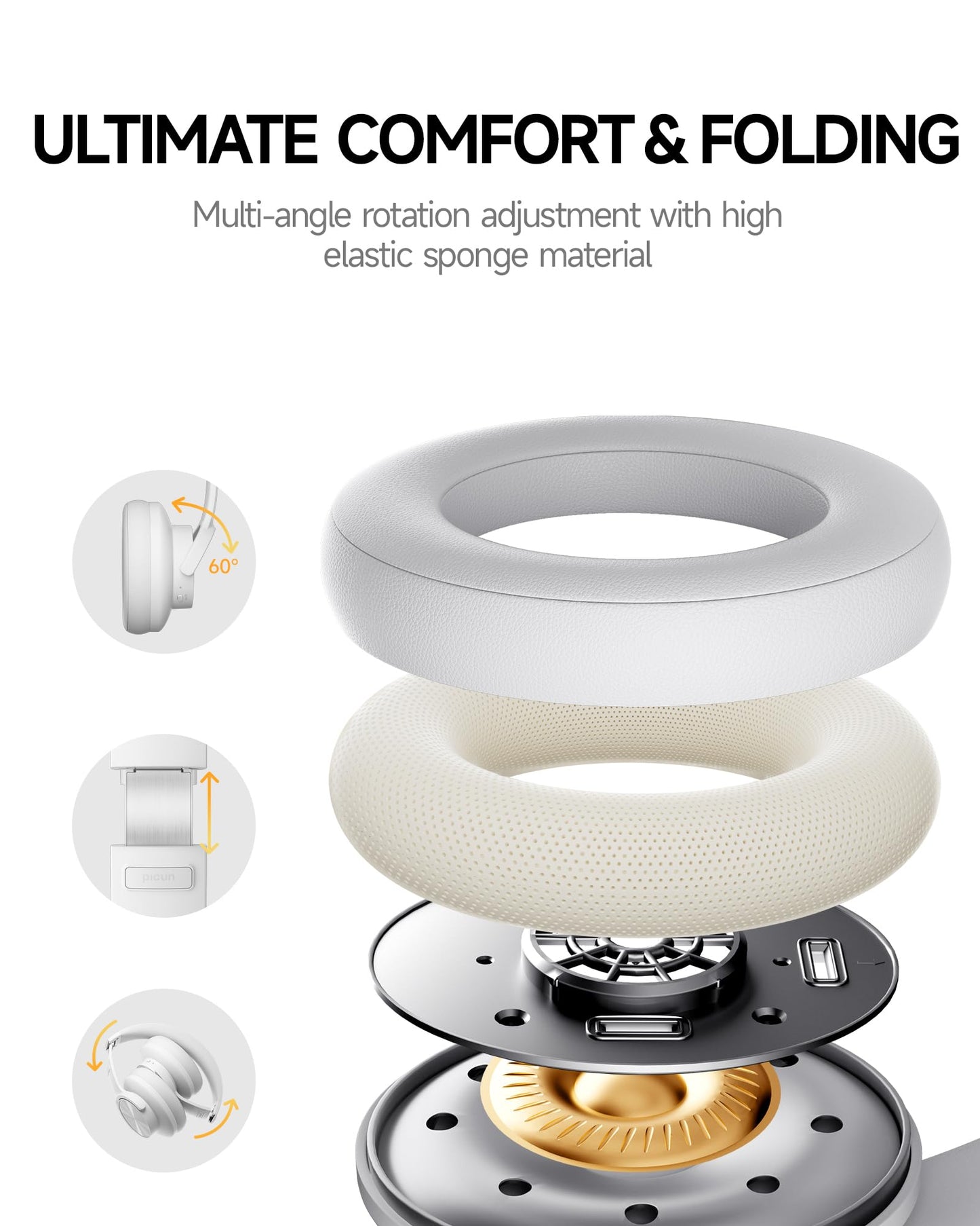 Picun B8 Bluetooth Headphones, 120H Playtime Headphone Wireless Bluetooth with 3 EQ Modes, Low Latency, Hands-Free Calls, Over Ear Headphones for Travel Home Office Cellphone PC Black