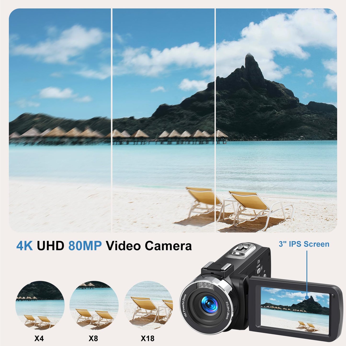 4K Camcorder Video Camera Ultra HD 80MP Vlogging Camera for YouTube IR Night Vision Camera 18X Digital Zoom 3.0 IPS Screen Video Recorder with 32GB SD Card, 2 Batteries, Remote Control, and Stabilizer