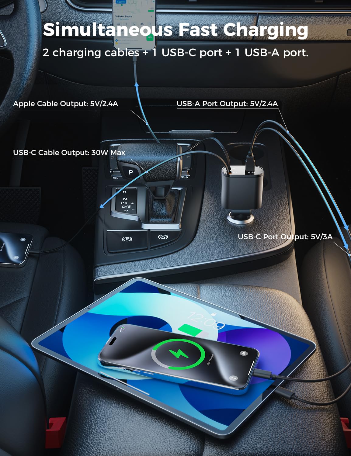 【Upgraded】 SUPERONE Retractable Car Charger 4 in 1, Fast Car Phone Charger with Cord 2.6ft, USB C and Apple Car Adapter, Compatible with iPhone 17 16 15/15 Pro Max/14/13/12/11, Galaxy, Pixel