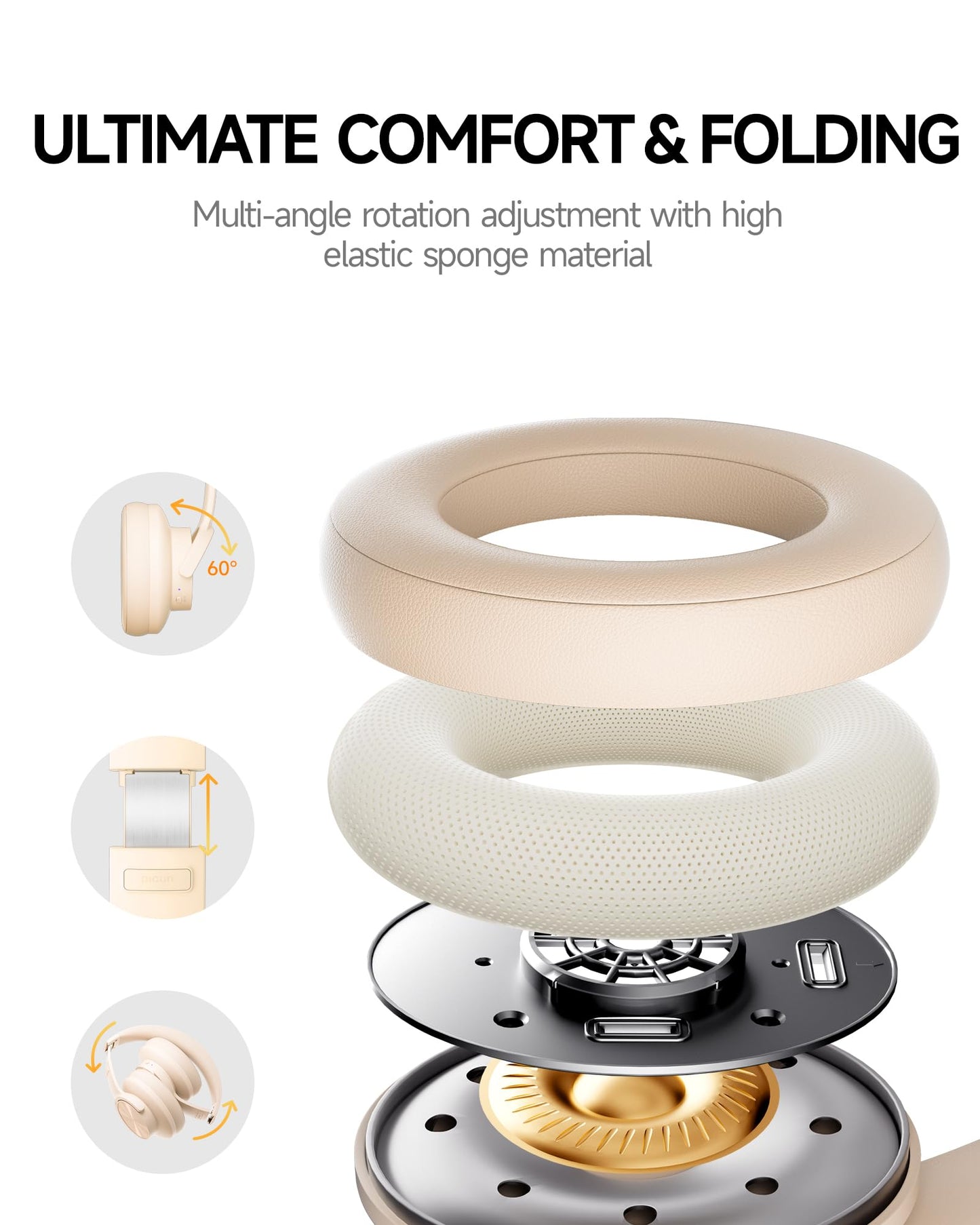 Picun B8 Bluetooth Headphones, 120H Playtime Headphone Wireless Bluetooth with 3 EQ Modes, Low Latency, Hands-Free Calls, Over Ear Headphones for Travel Home Office Cellphone PC Black - Volt-Edge Technologies®