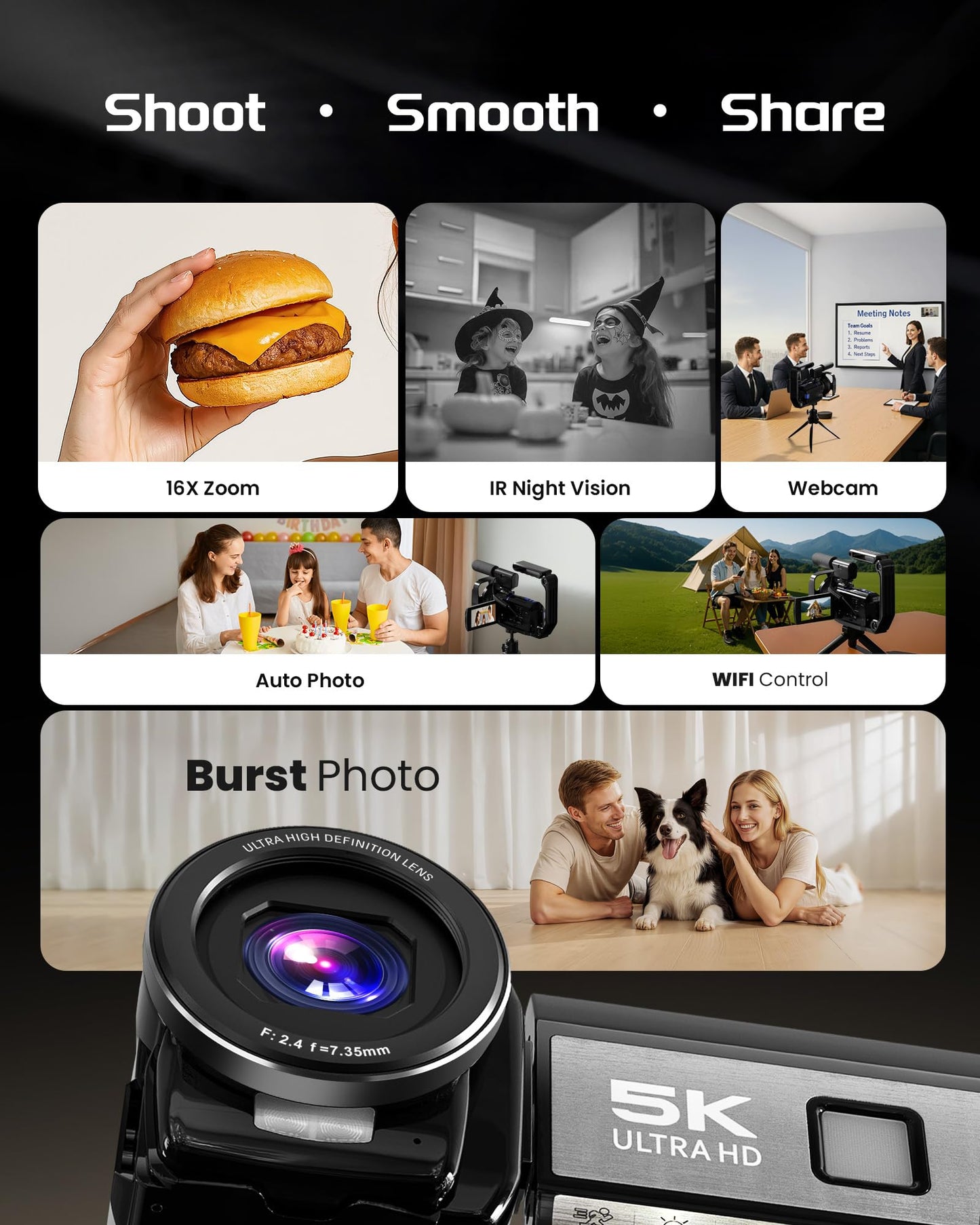 5K Video Camera Camcorder, UHD 64MP Vlogging Camera for YouTube with 3" 270° Rotatable Touch Screen, Digital Camera with IR Night Vision, 16X Zoom/WiFi/Webcam/HD/32GB Card/2 Batteries/Microphone