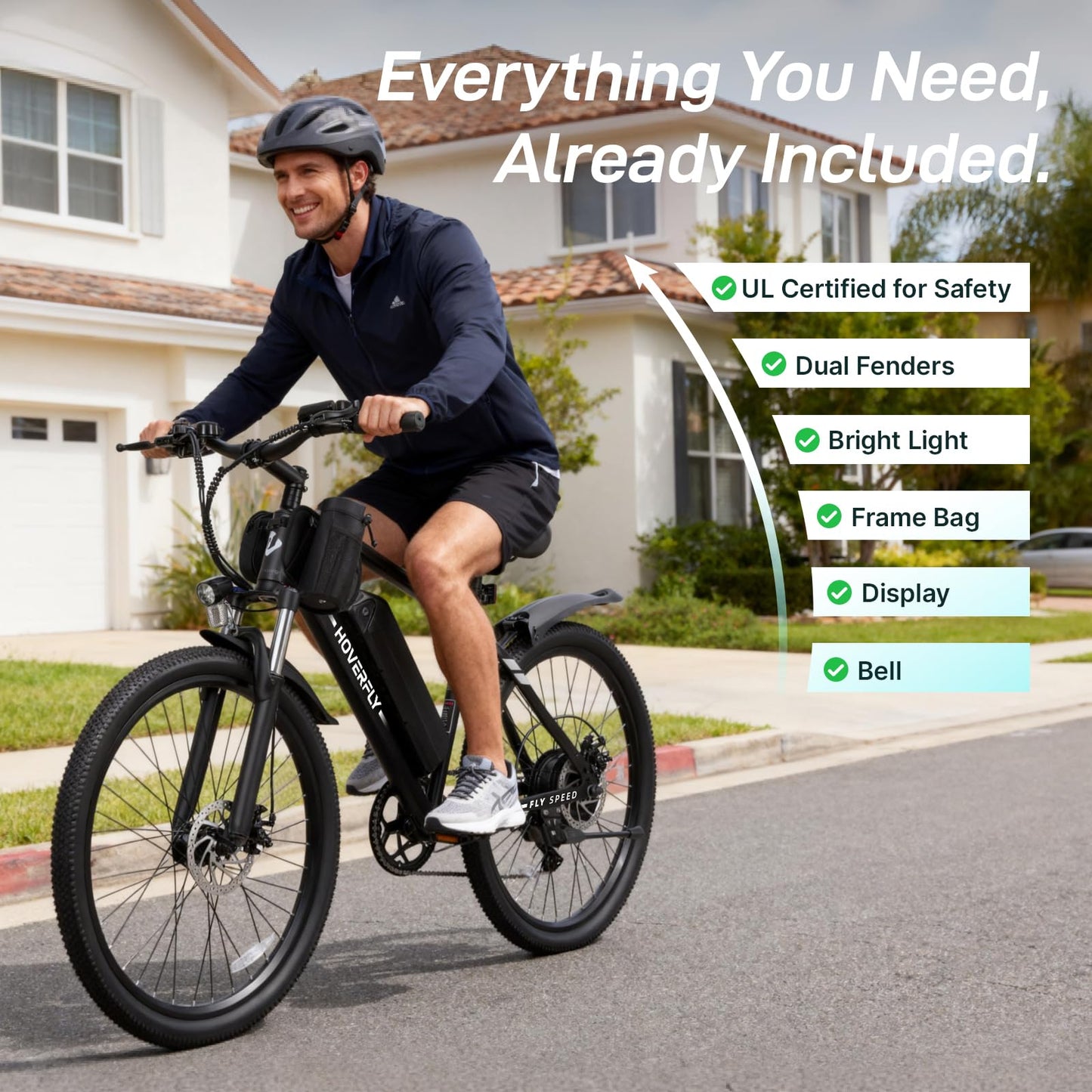 Hoverfly OUREA 26" Electric Bike for Adults, 750W Peak Motor Mountain Ebike, 20MPH Up to 40 Miles, UL2849 Certified, 7-Speed, Removable Battery, Shock Absorber, Fat Tire Commuter E-Bike