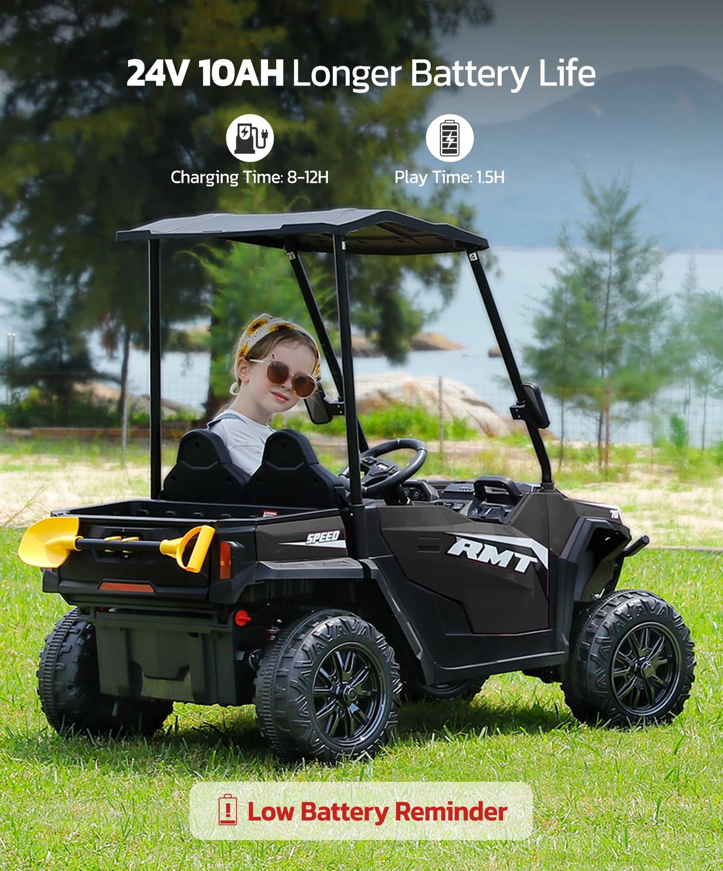 ELEMARA 24V Side by Side Electric Off-Road Truck, 4.5MPH, 2 Seater Ride on Toy for Big Kids w/Sun Shade, Electric Vehicles for Kids, 2 Shock Absorbers, 3 Speeds, LED Lights,Bluetooth Music, Black