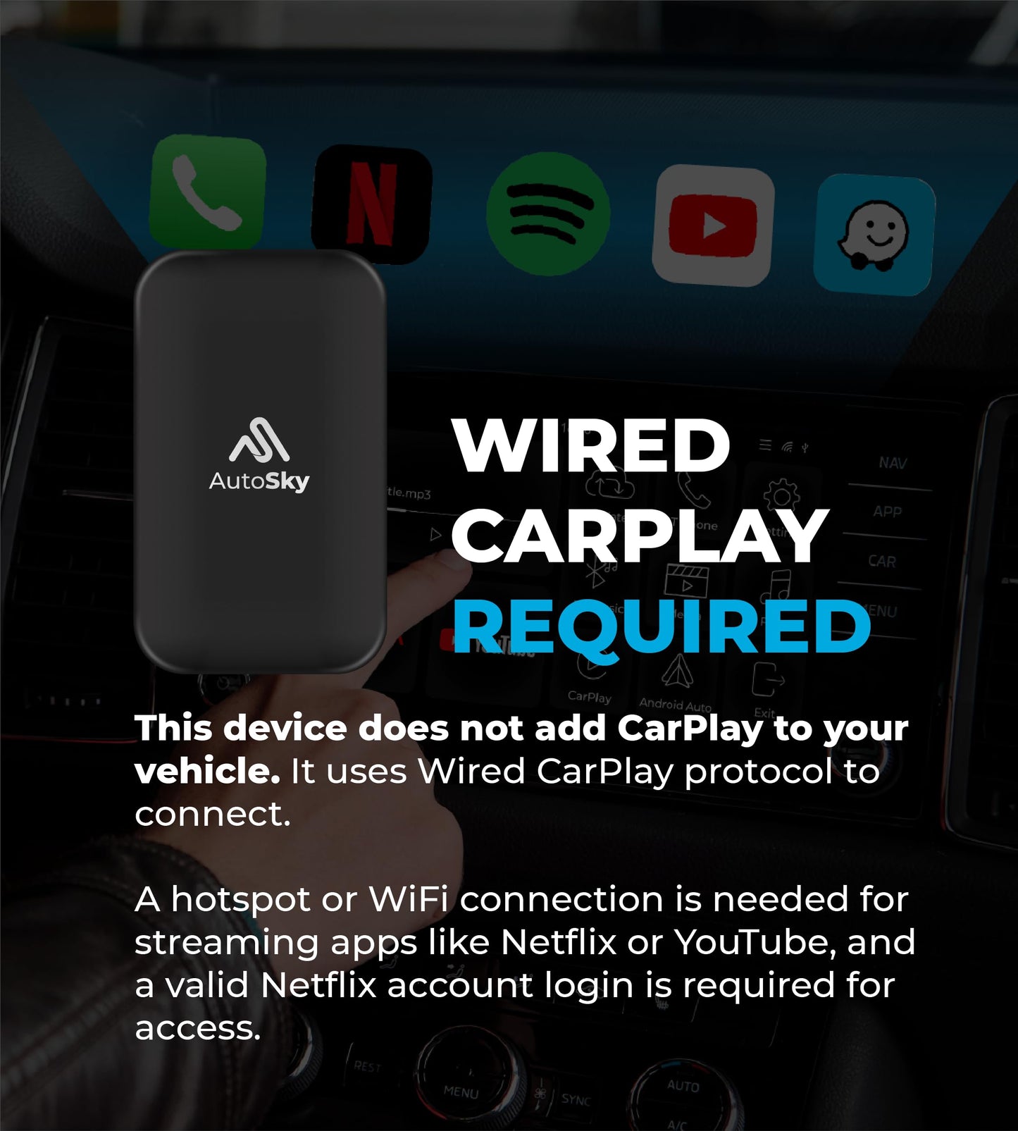 AutoSky AI Box Lite – Wireless CarPlay & Android Auto Adapter with Netflix & YouTube – Plug & Play CarPlay Converter – Works with Factory Wired CarPlay Systems (2016+)